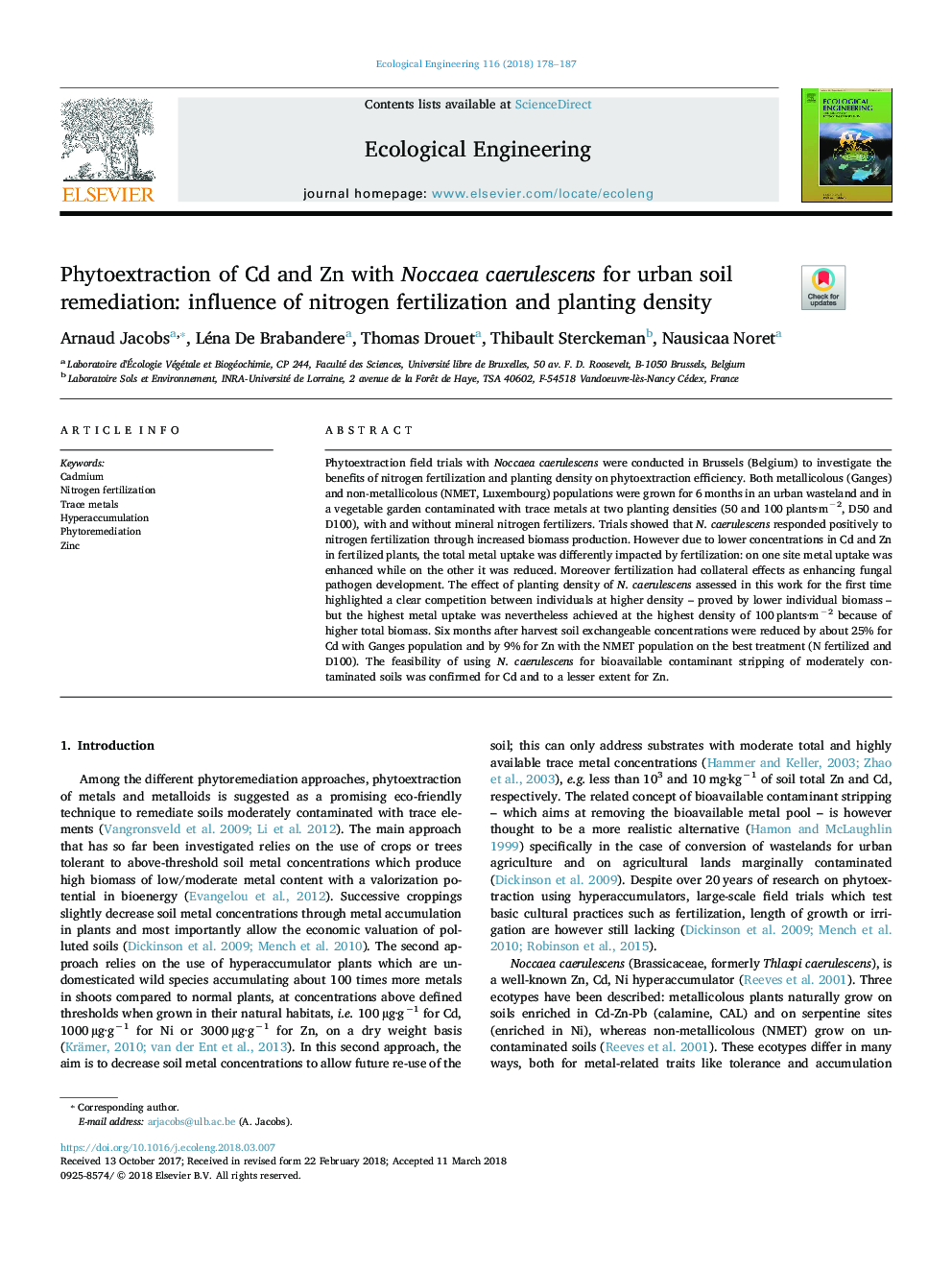 Phytoextraction of Cd and Zn with Noccaea caerulescens for urban soil remediation: influence of nitrogen fertilization and planting density