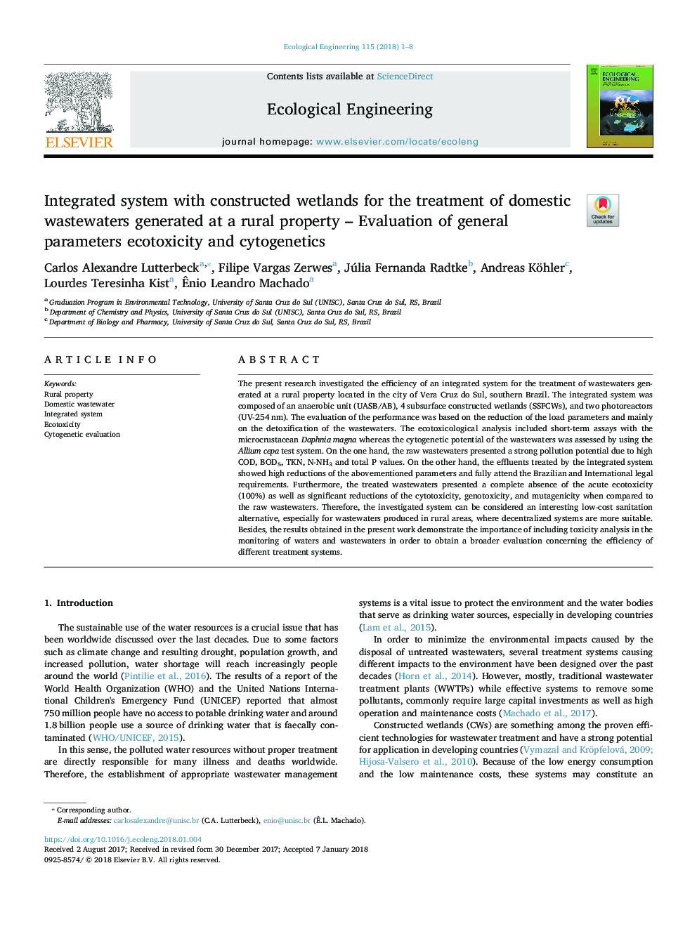 Integrated system with constructed wetlands for the treatment of domestic wastewaters generated at a rural property - Evaluation of general parameters ecotoxicity and cytogenetics