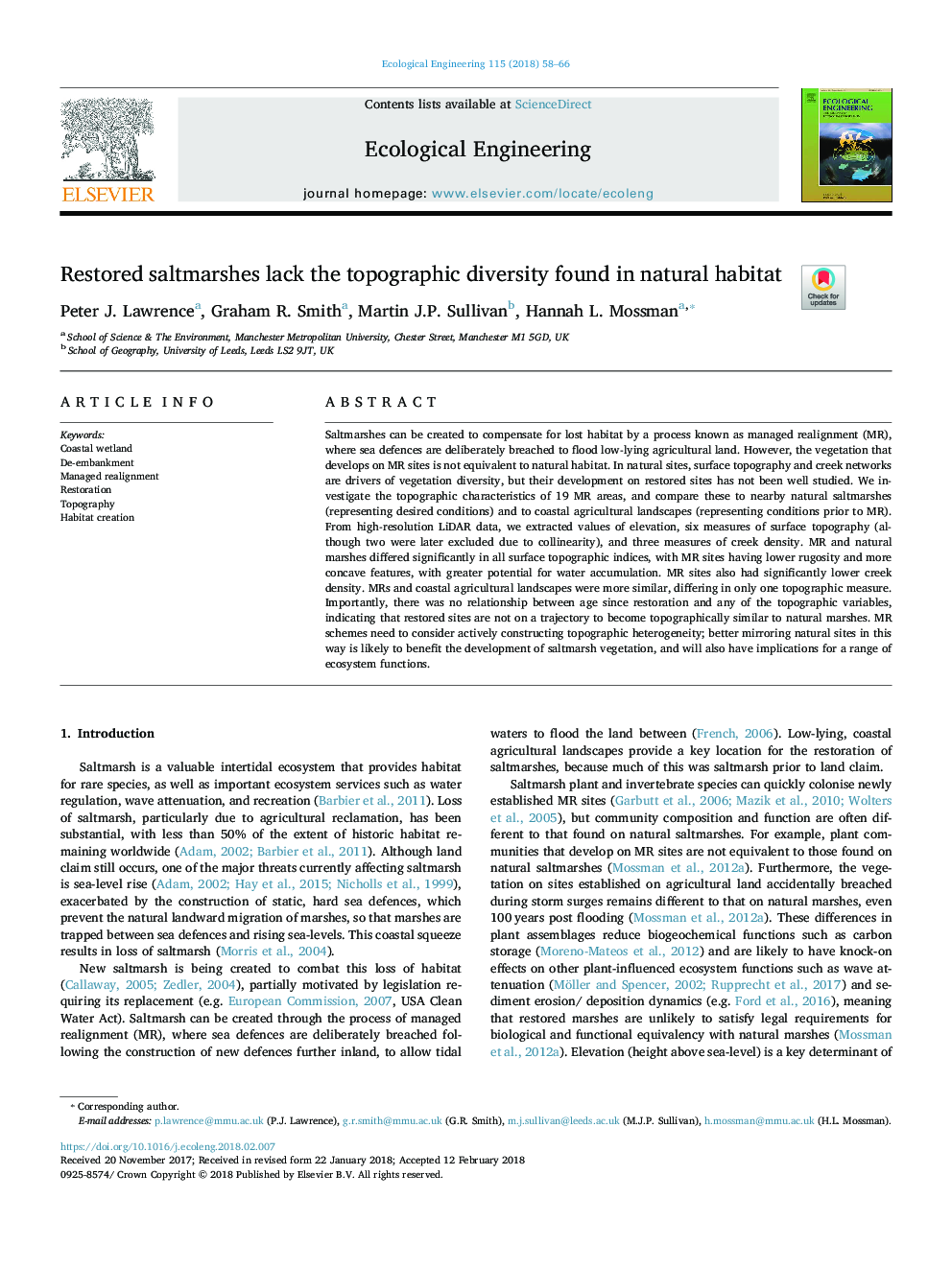 Restored saltmarshes lack the topographic diversity found in natural habitat