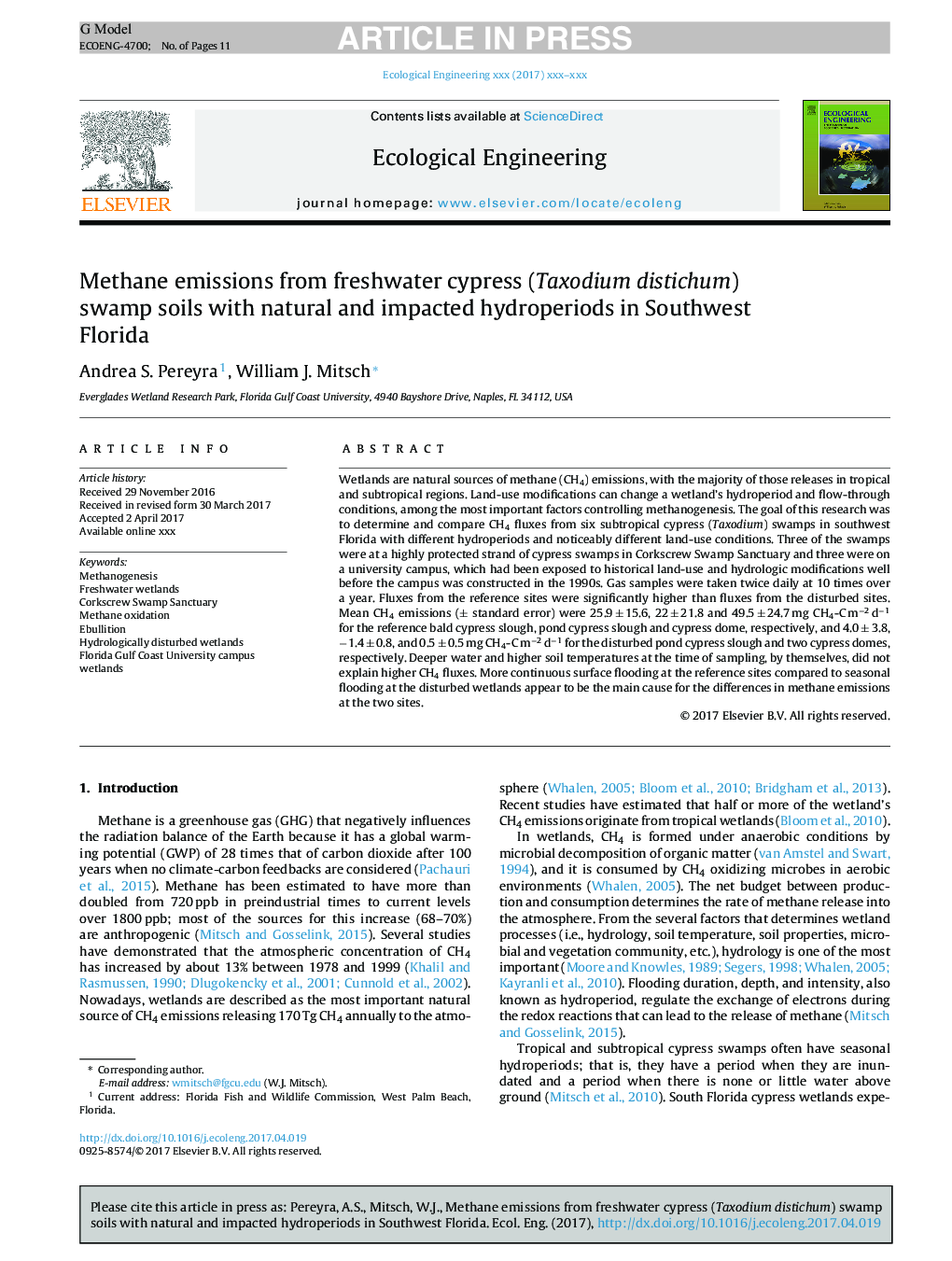 Methane emissions from freshwater cypress (Taxodium distichum) swamp soils with natural and impacted hydroperiods in Southwest Florida