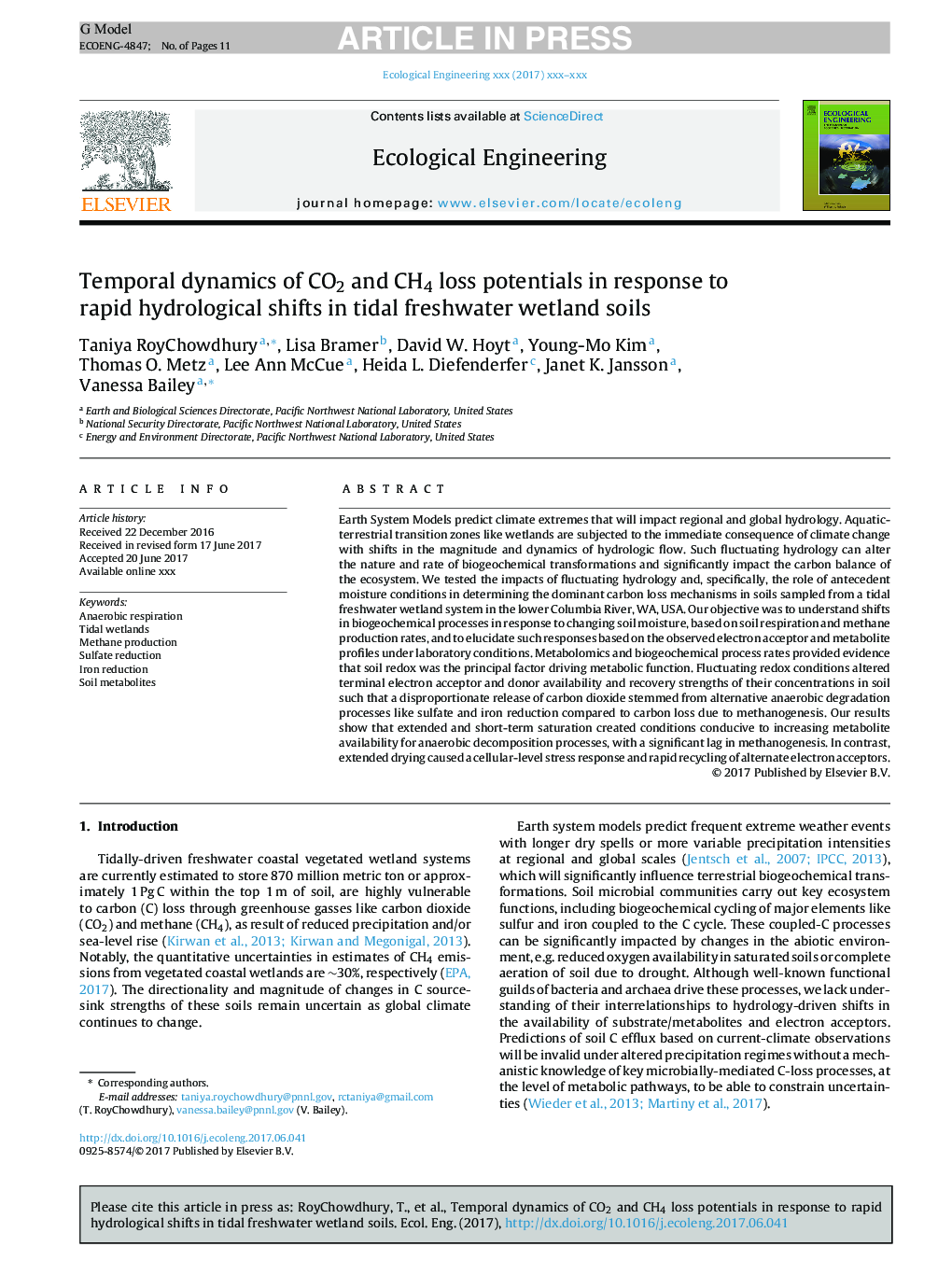 Temporal dynamics of CO2 and CH4 loss potentials in response to rapid hydrological shifts in tidal freshwater wetland soils