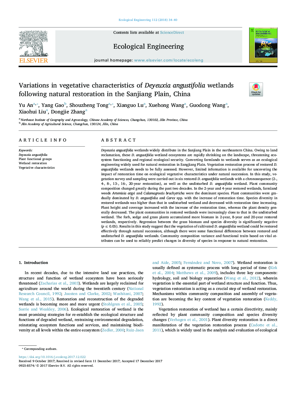 Variations in vegetative characteristics of Deyeuxia angustifolia wetlands following natural restoration in the Sanjiang Plain, China