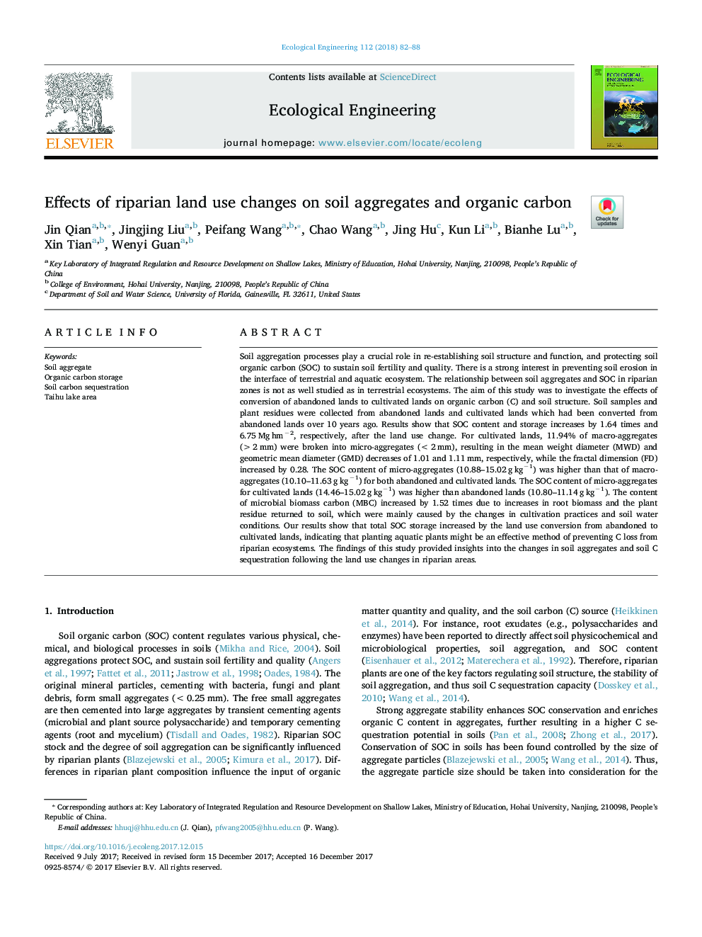 Effects of riparian land use changes on soil aggregates and organic carbon