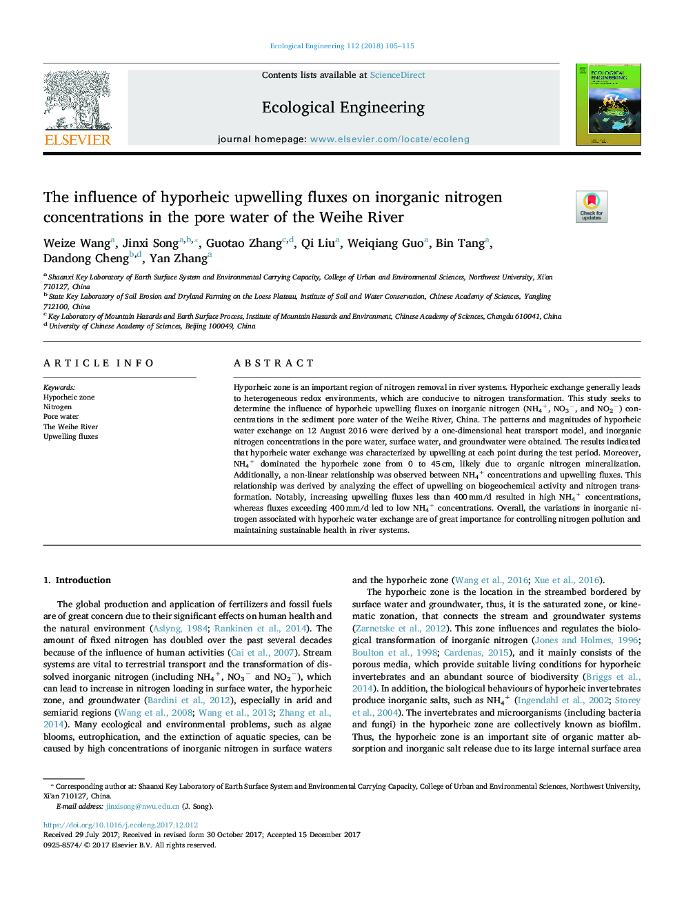 The influence of hyporheic upwelling fluxes on inorganic nitrogen concentrations in the pore water of the Weihe River