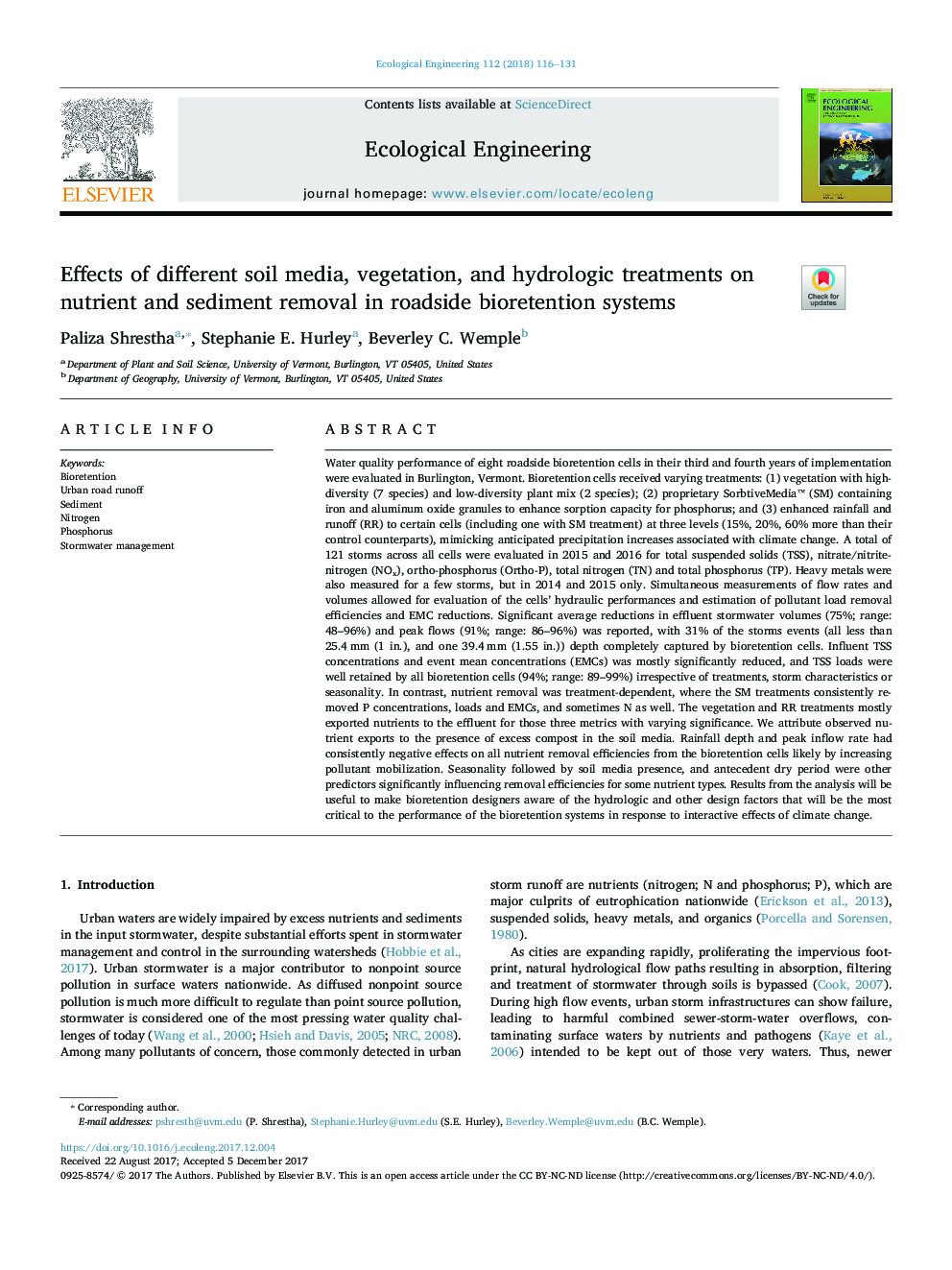 Effects of different soil media, vegetation, and hydrologic treatments on nutrient and sediment removal in roadside bioretention systems