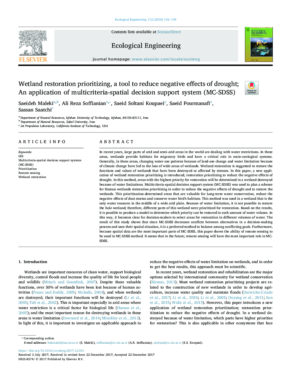 Wetland restoration prioritizing, a tool to reduce negative effects of drought; An application of multicriteria-spatial decision support system (MC-SDSS)