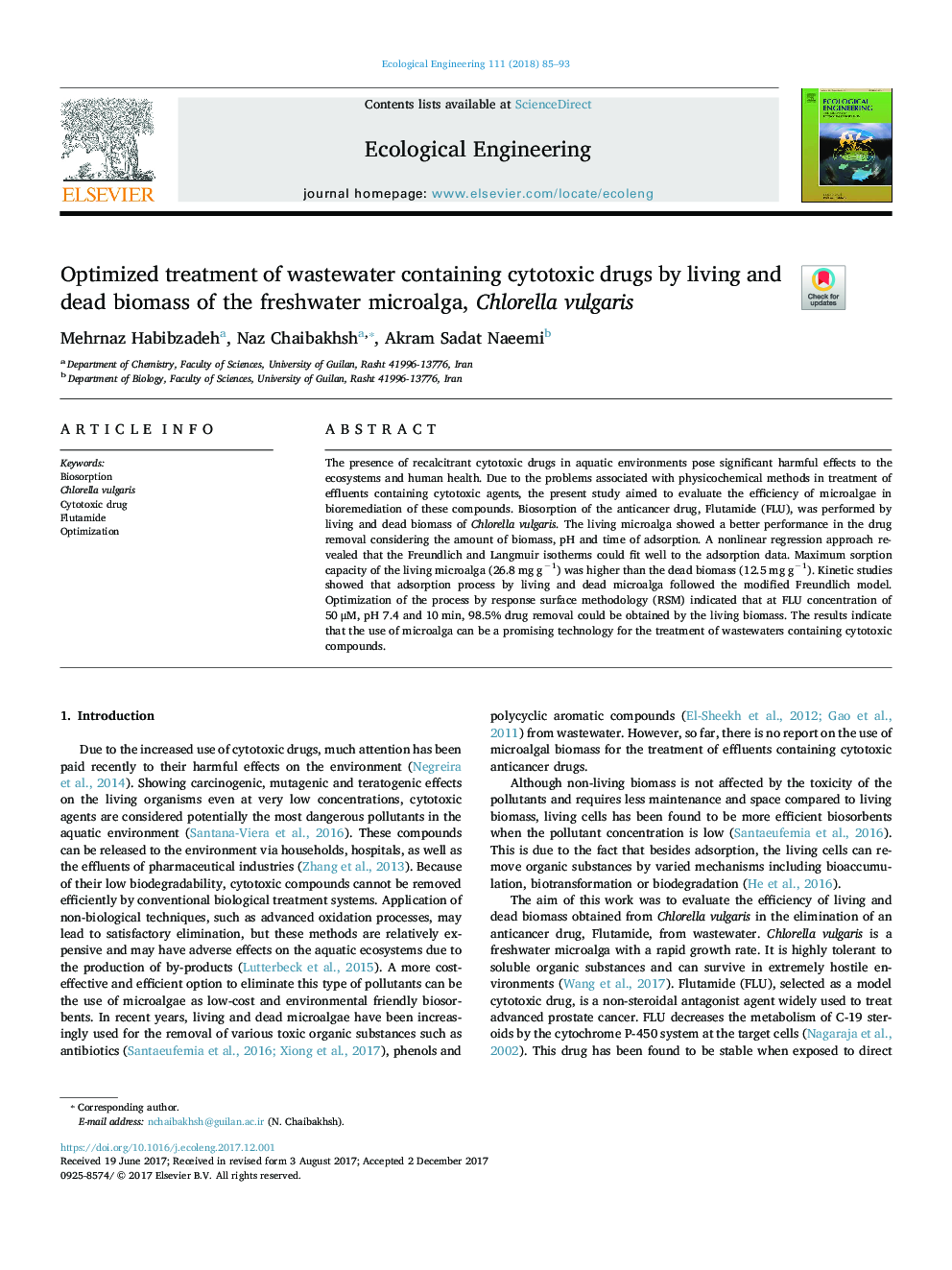 Optimized treatment of wastewater containing cytotoxic drugs by living and dead biomass of the freshwater microalga, Chlorella vulgaris