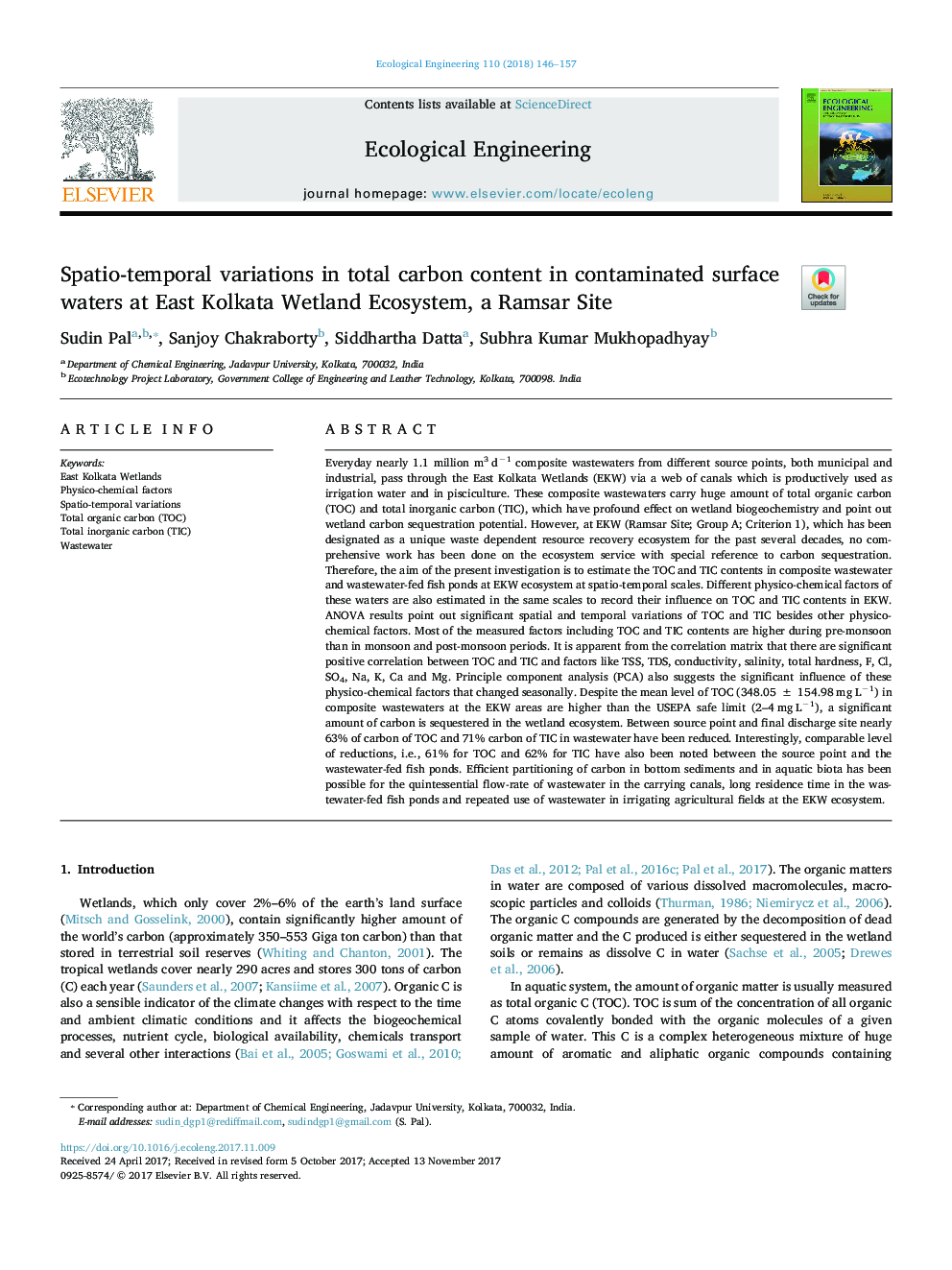 Spatio-temporal variations in total carbon content in contaminated surface waters at East Kolkata Wetland Ecosystem, a Ramsar Site