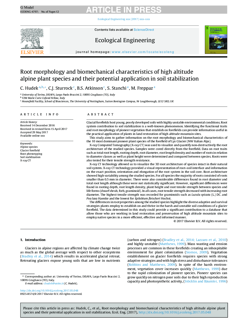 مورفولوژی ریشه و ویژگی های بیومکانیکی گونه های گیاه آلپ ارتفاع بالایی و کاربرد بالقوه آنها در تثبیت خاک 