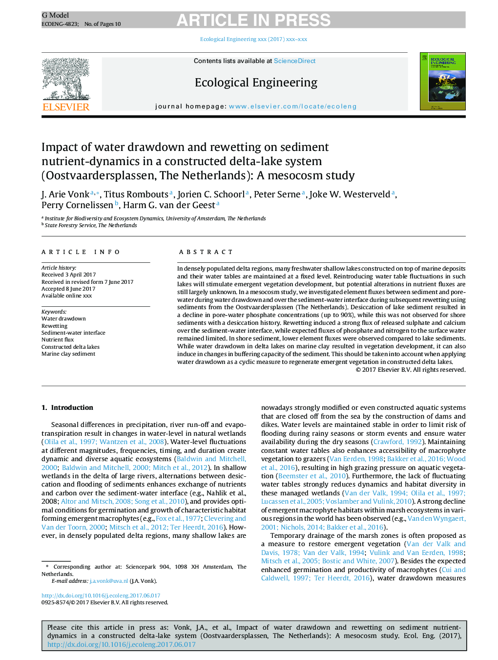 Impact of water drawdown and rewetting on sediment nutrient-dynamics in a constructed delta-lake system (Oostvaardersplassen, The Netherlands): A mesocosm study