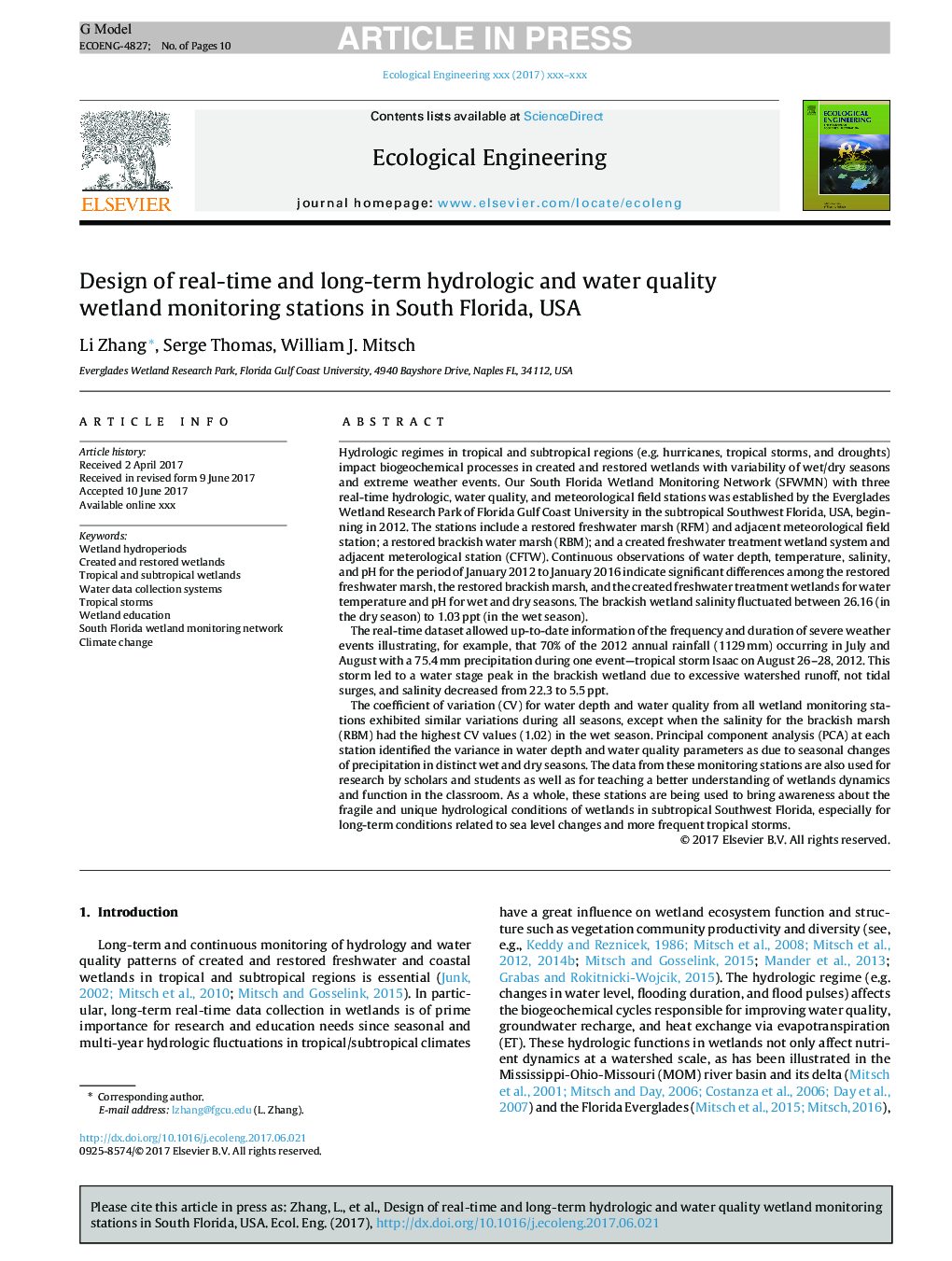 Design of real-time and long-term hydrologic and water quality wetland monitoring stations in South Florida, USA