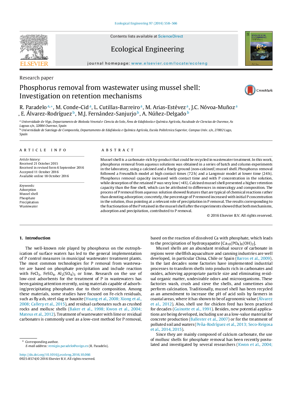 Phosphorus removal from wastewater using mussel shell: Investigation on retention mechanisms