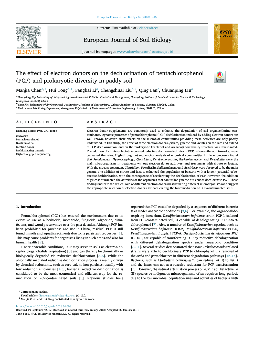 The effect of electron donors on the dechlorination of pentachlorophenol (PCP) and prokaryotic diversity in paddy soil