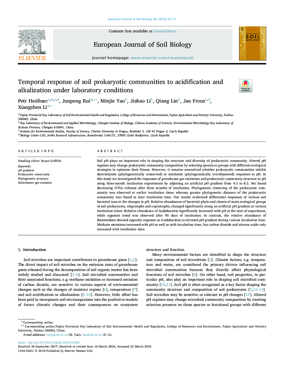 Temporal response of soil prokaryotic communities to acidification and alkalization under laboratory conditions