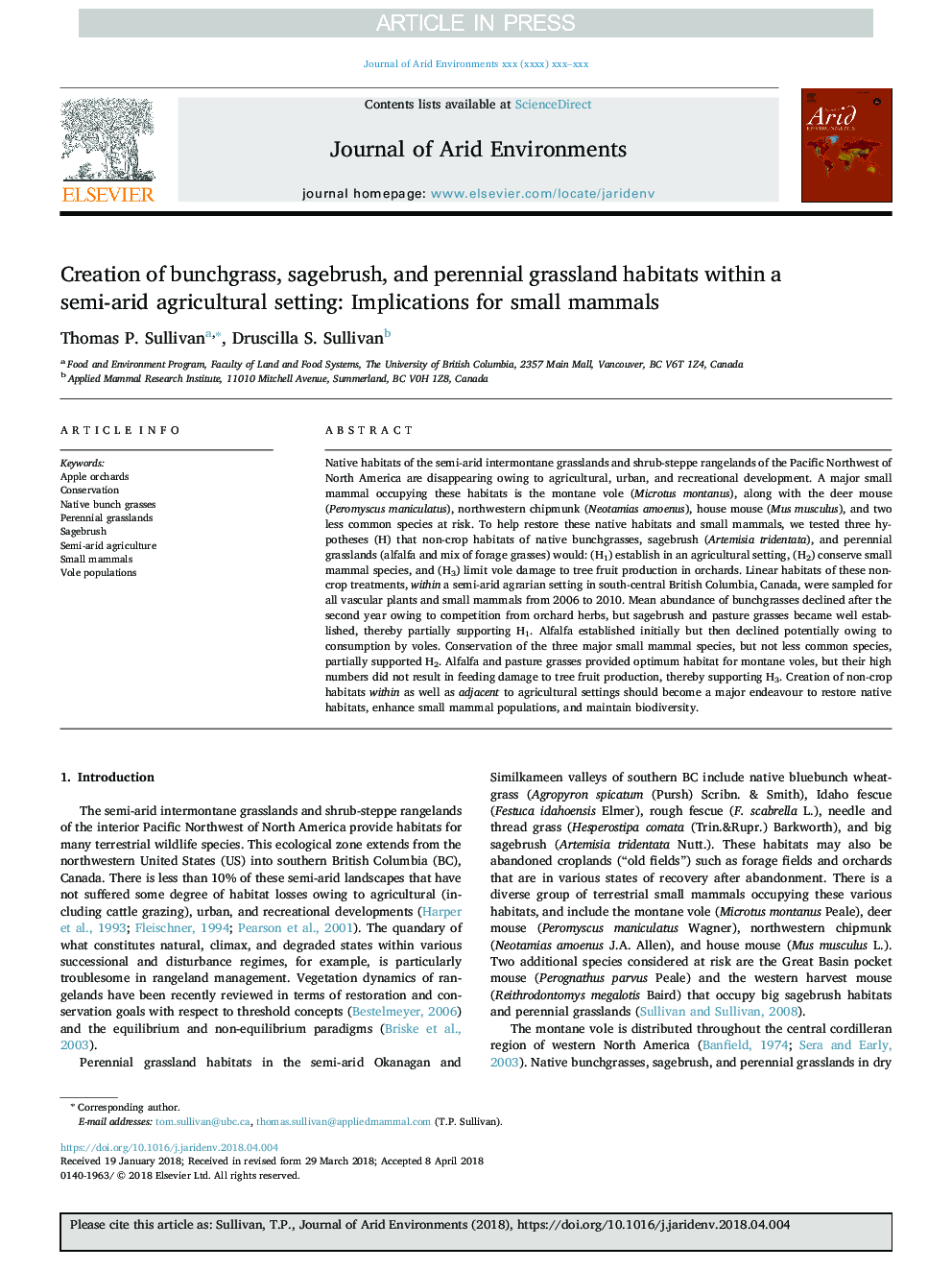 Creation of bunchgrass, sagebrush, and perennial grassland habitats within a semi-arid agricultural setting: Implications for small mammals