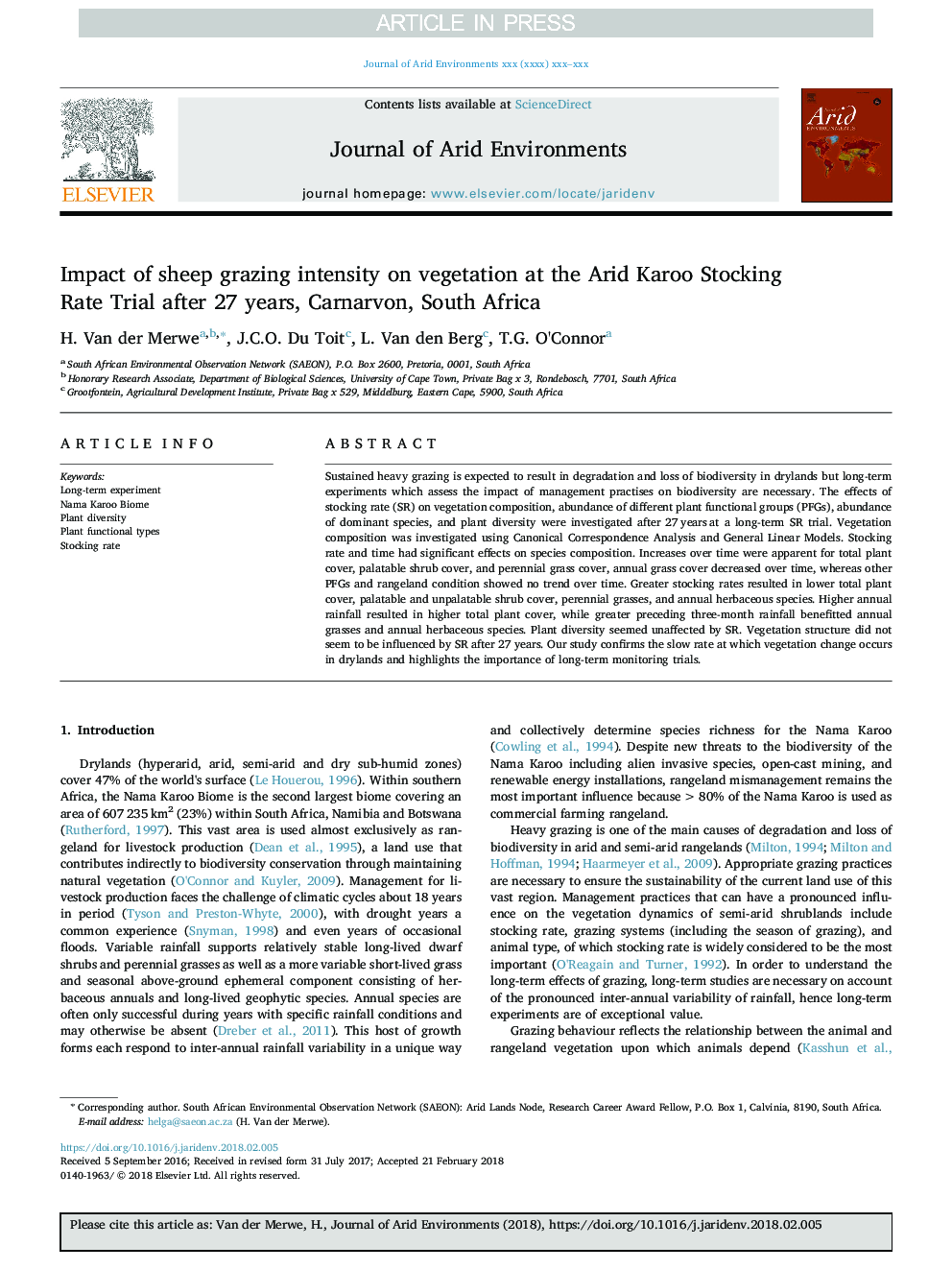 Impact of sheep grazing intensity on vegetation at the Arid Karoo Stocking Rate Trial after 27 years, Carnarvon, South Africa