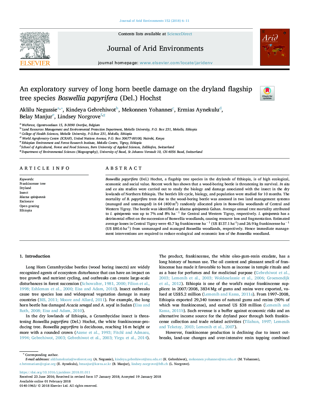 An exploratory survey of long horn beetle damage on the dryland flagship tree species Boswellia papyrifera (Del.) Hochst