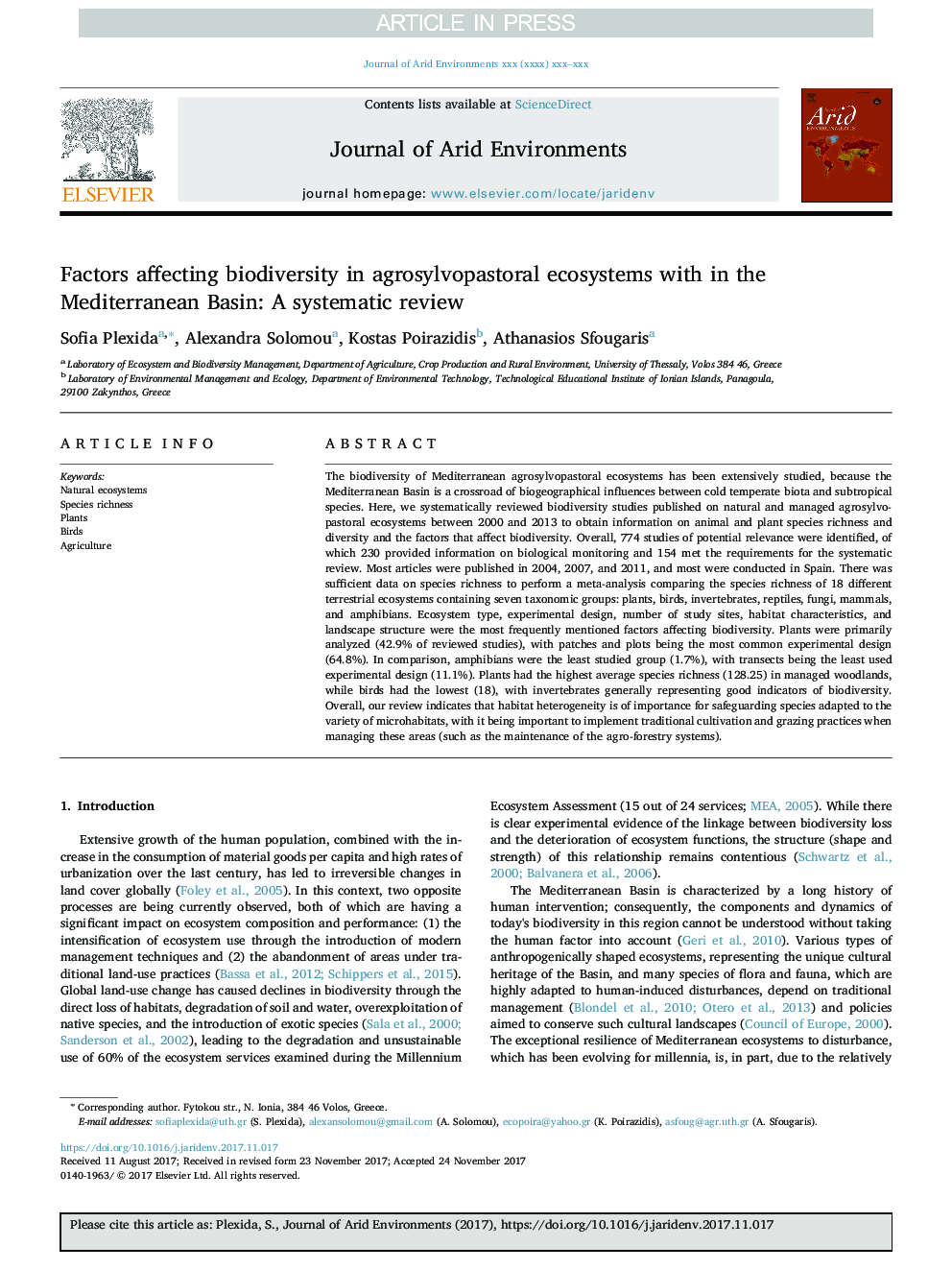 Factors affecting biodiversity in agrosylvopastoral ecosystems with in the Mediterranean Basin: A systematic review