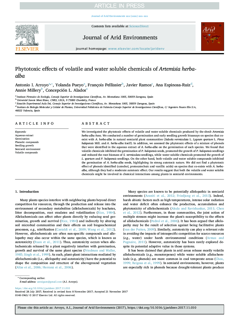 Phytotoxic effects of volatile and water soluble chemicals of Artemisia herba-alba