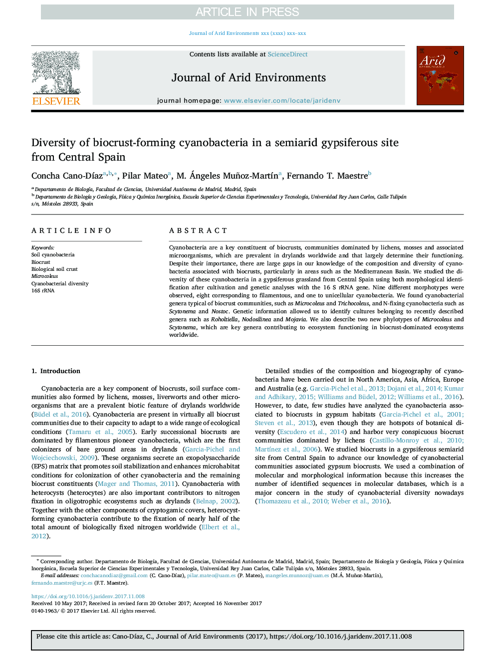 Diversity of biocrust-forming cyanobacteria in a semiarid gypsiferous site from Central Spain