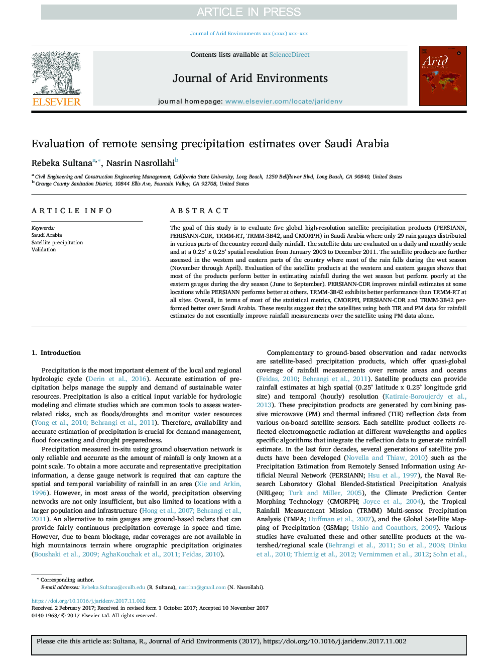 Evaluation of remote sensing precipitation estimates over Saudi Arabia