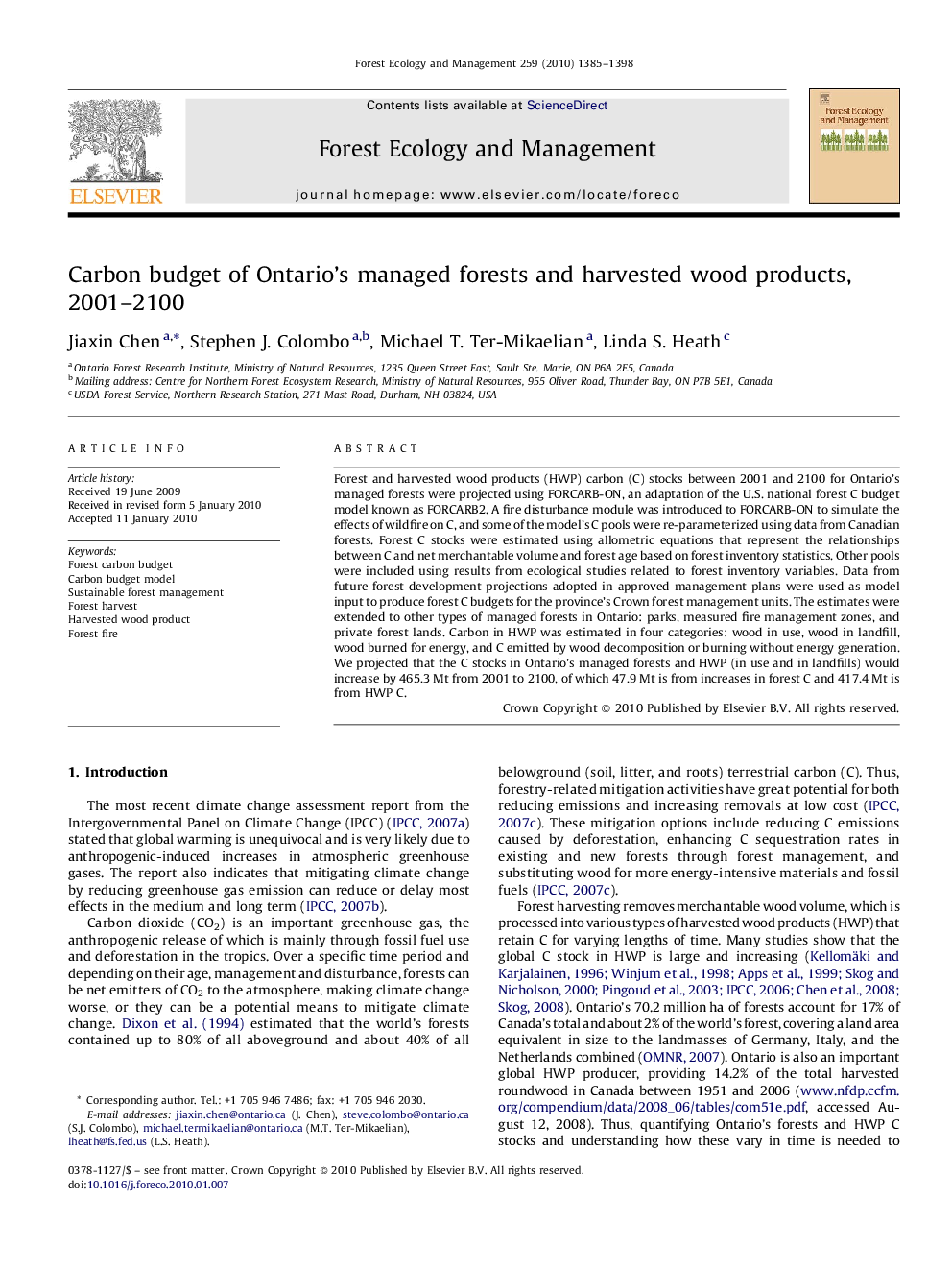 Carbon budget of Ontario's managed forests and harvested wood products, 2001–2100