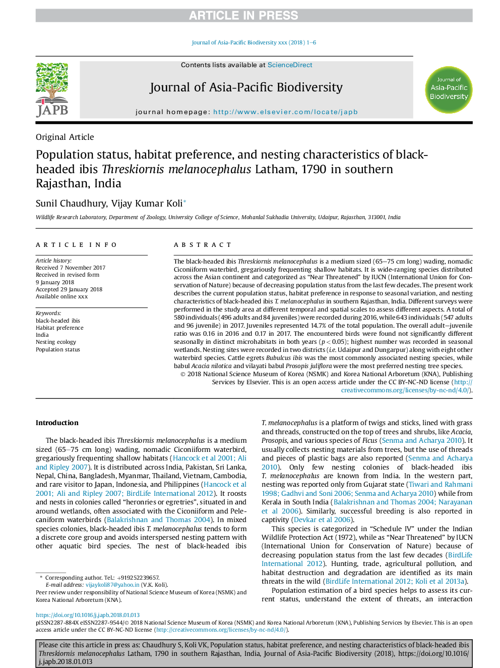 Population status, habitat preference, and nesting characteristics of black-headed ibis Threskiornis melanocephalus Latham, 1790 in southern Rajasthan, India