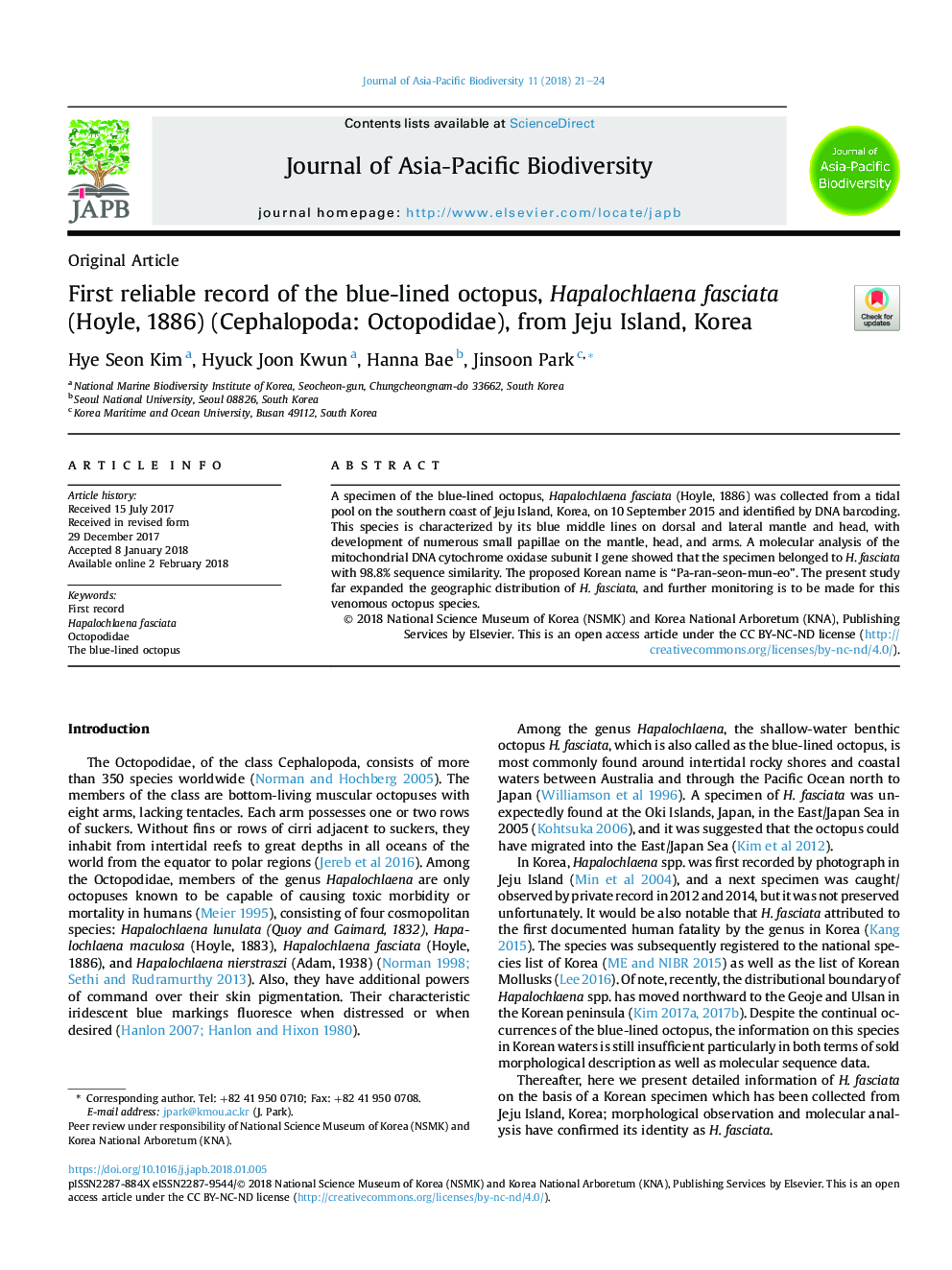 First reliable record of the blue-lined octopus, Hapalochlaena fasciata (Hoyle, 1886) (Cephalopoda: Octopodidae), from Jeju Island, Korea