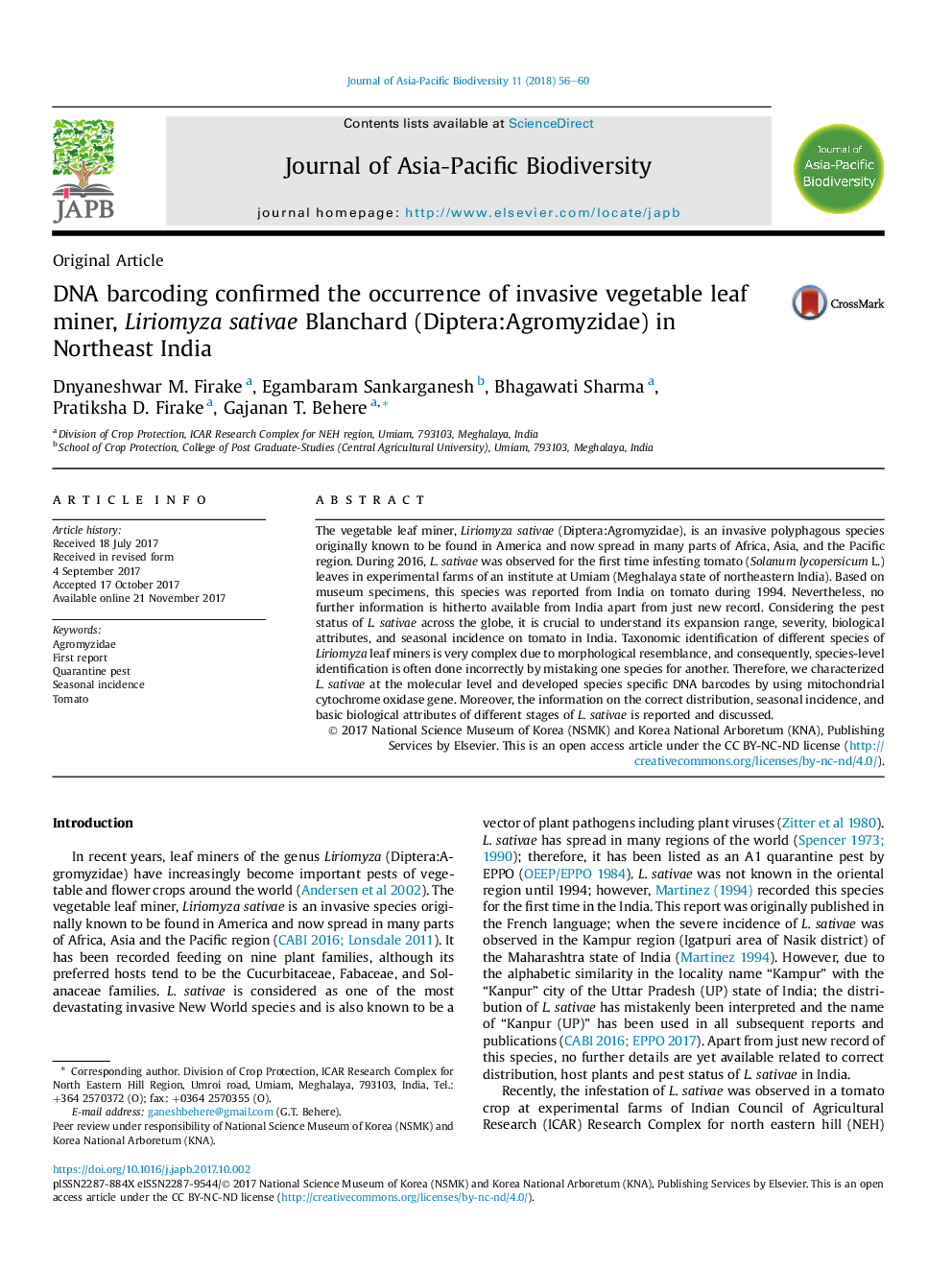 DNA barcoding confirmed the occurrence of invasive vegetable leaf miner, Liriomyza sativae Blanchard (Diptera:Agromyzidae) in Northeast India