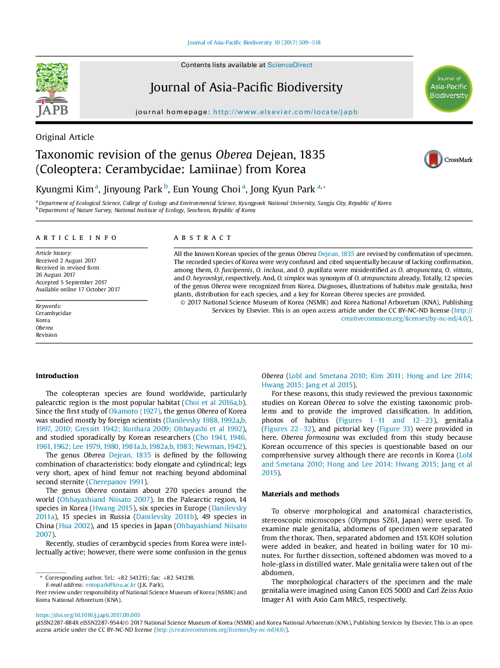 Taxonomic revision of the genus Oberea Dejean, 1835 (Coleoptera:Â Cerambycidae: Lamiinae) from Korea