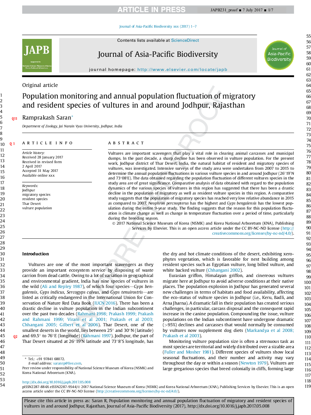 Population monitoring and annual population fluctuation of migratory and resident species of vultures in and around Jodhpur, Rajasthan