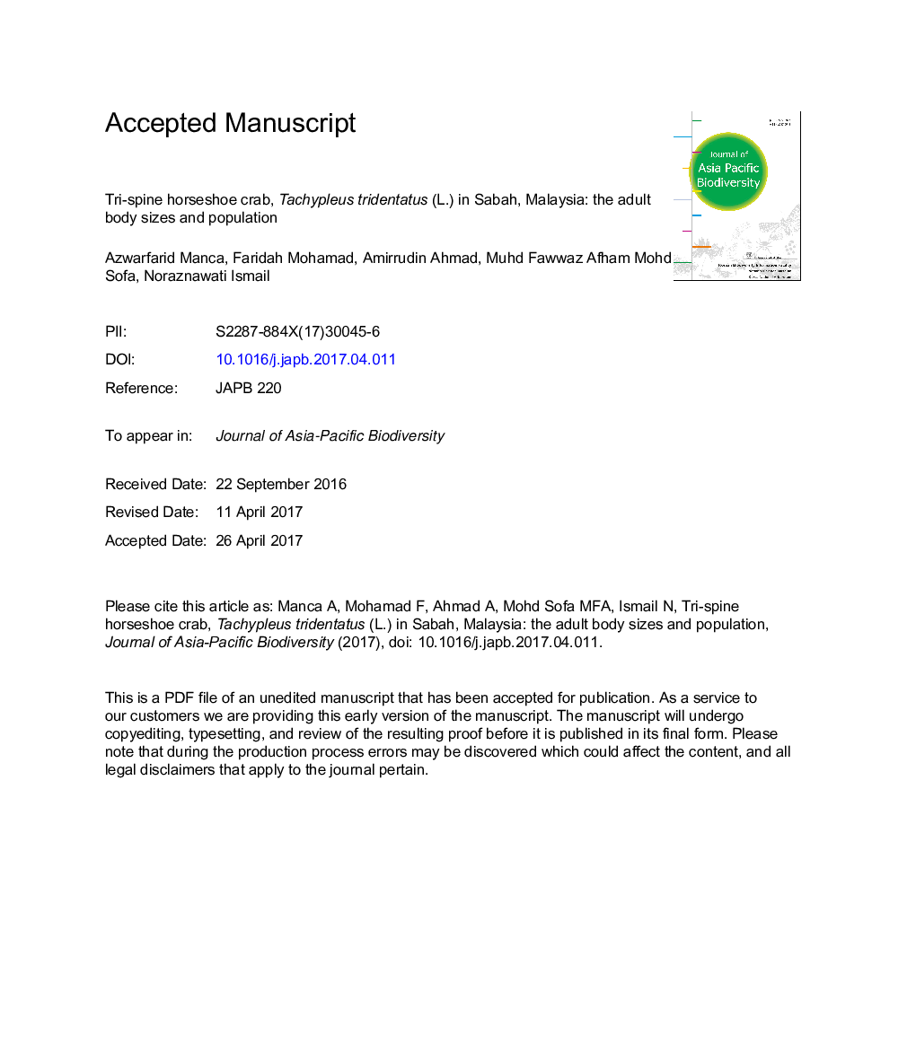 Tri-spine horseshoe crab, Tachypleus tridentatus (L.) in Sabah, Malaysia: the adult body sizes and population estimate