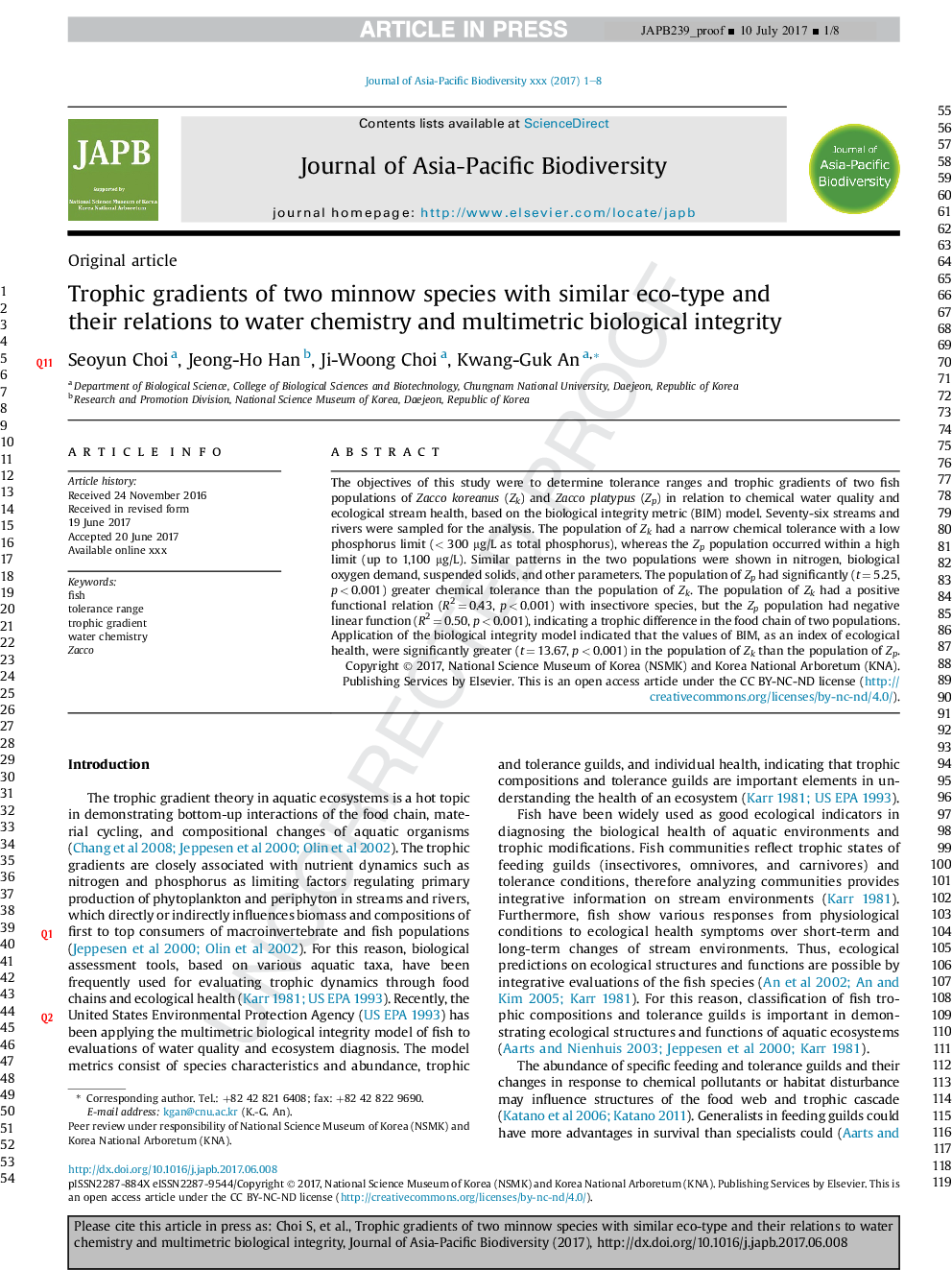 Trophic gradients of two minnow species with similar eco-type and their relations to water chemistry and multimetric biological integrity