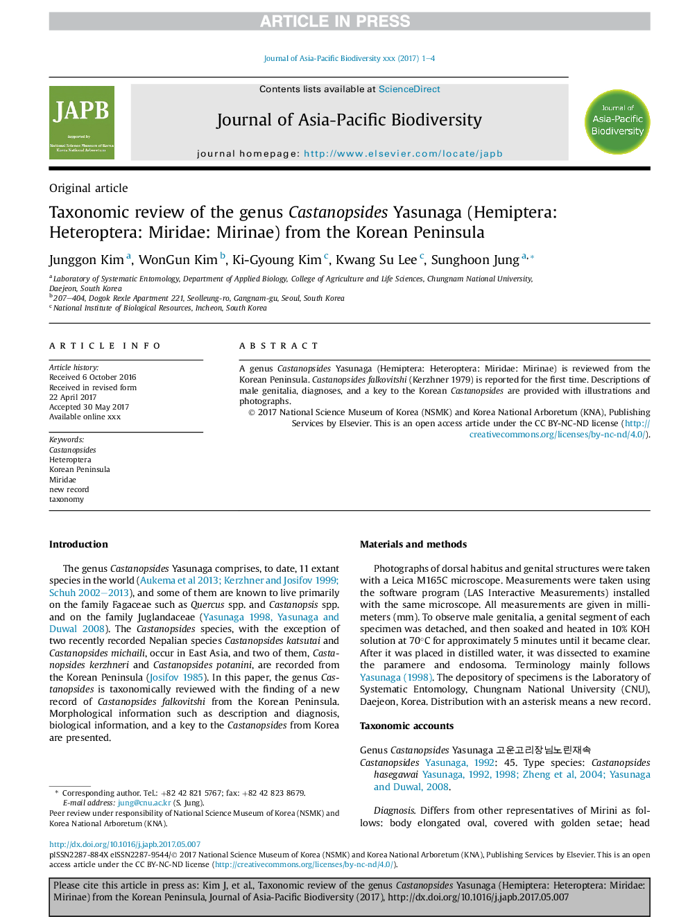 Taxonomic review of the genus Castanopsides Yasunaga (Hemiptera: Heteroptera: Miridae: Mirinae) from the Korean Peninsula