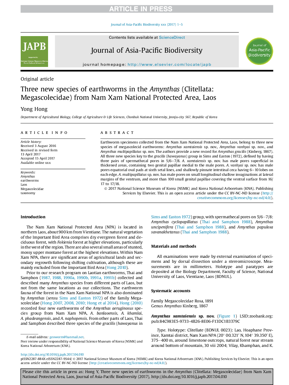 Three new species of earthworms in the Amynthas (Clitellata: Megascolecidae) from Nam Xam National Protected Area, Laos