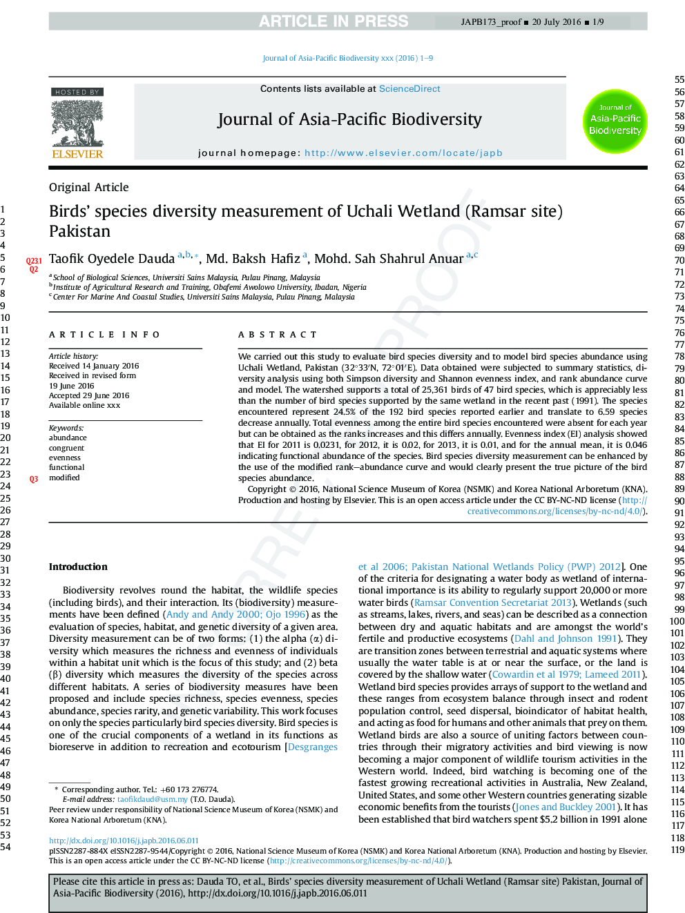 Birds' species diversity measurement of Uchali Wetland (Ramsar site) Pakistan