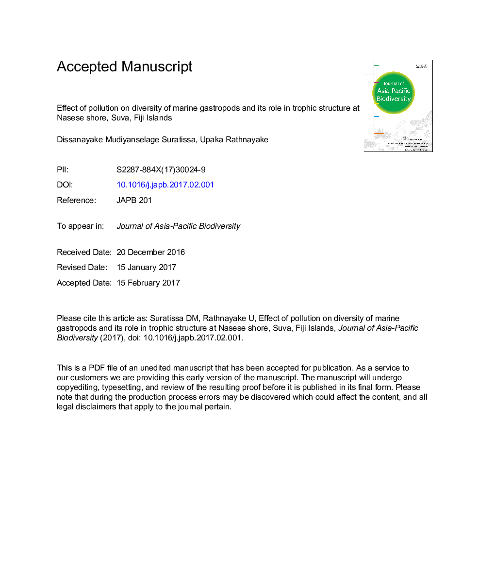 Effect of pollution on diversity of marine gastropods and its role in trophic structure at Nasese Shore, Suva, Fiji Islands