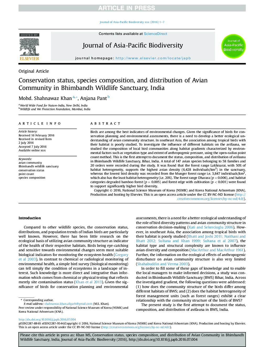 Conservation status, species composition, and distribution of Avian Community in Bhimbandh Wildlife Sanctuary, India