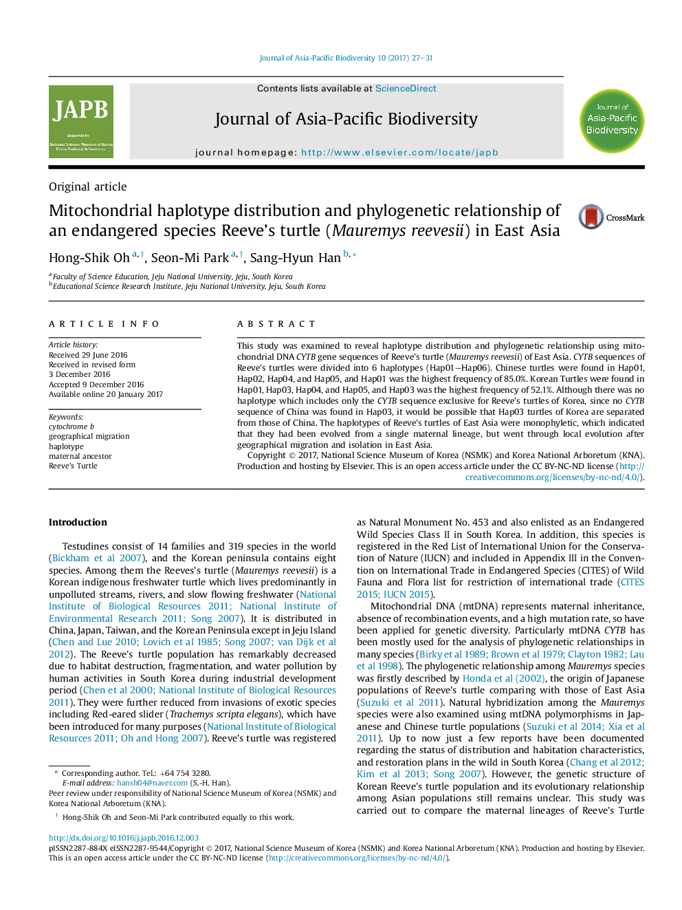 Mitochondrial haplotype distribution and phylogenetic relationship of an endangered species Reeve's turtle (Mauremys reevesii) in East Asia