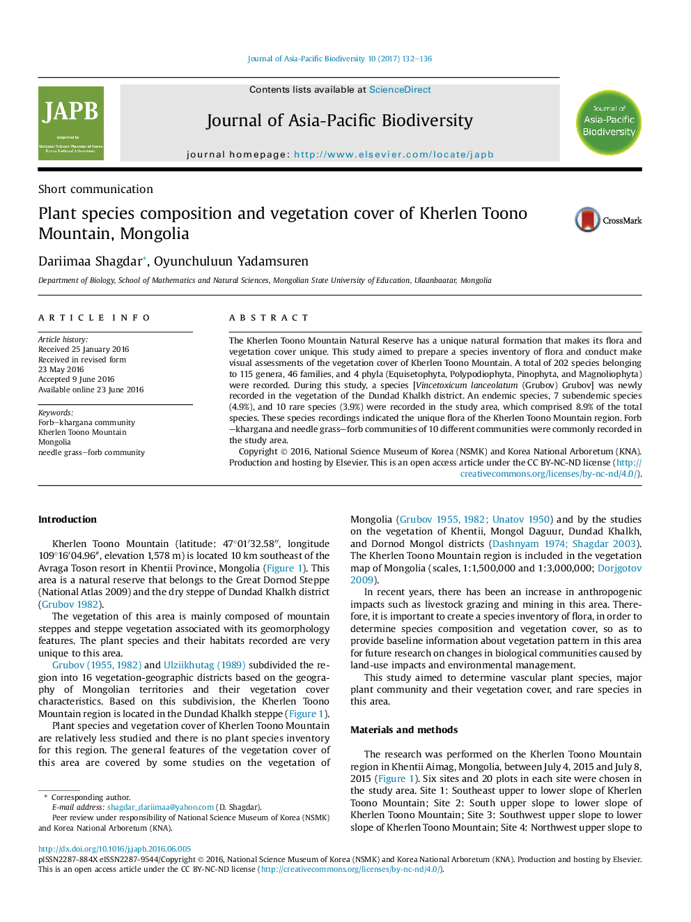 Plant species composition and vegetation cover of Kherlen Toono Mountain, Mongolia