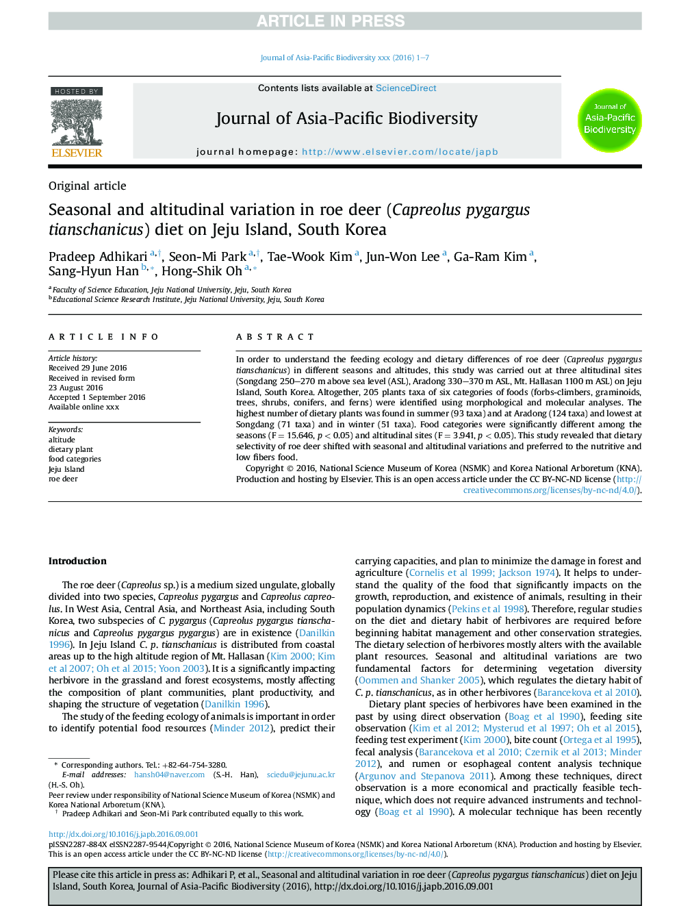 Seasonal and altitudinal variation in roe deer (Capreolus pygargus tianschanicus) diet on Jeju Island, South Korea