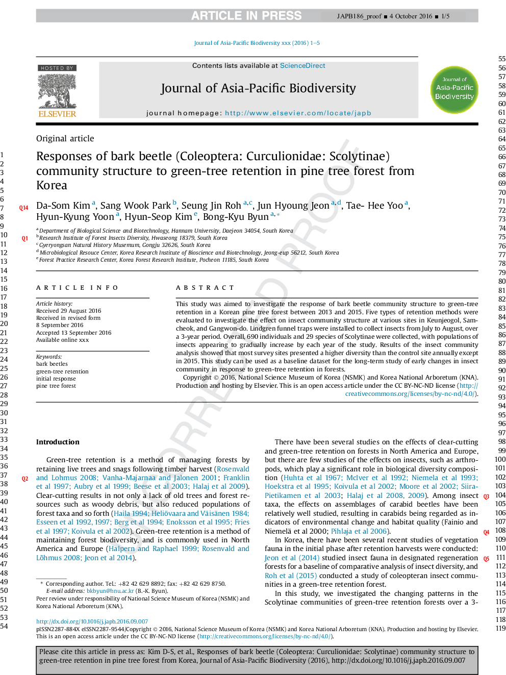 Responses of bark beetle (Coleoptera: Curculionidae: Scolytinae) community structure to green-tree retention in pine tree forest from Korea