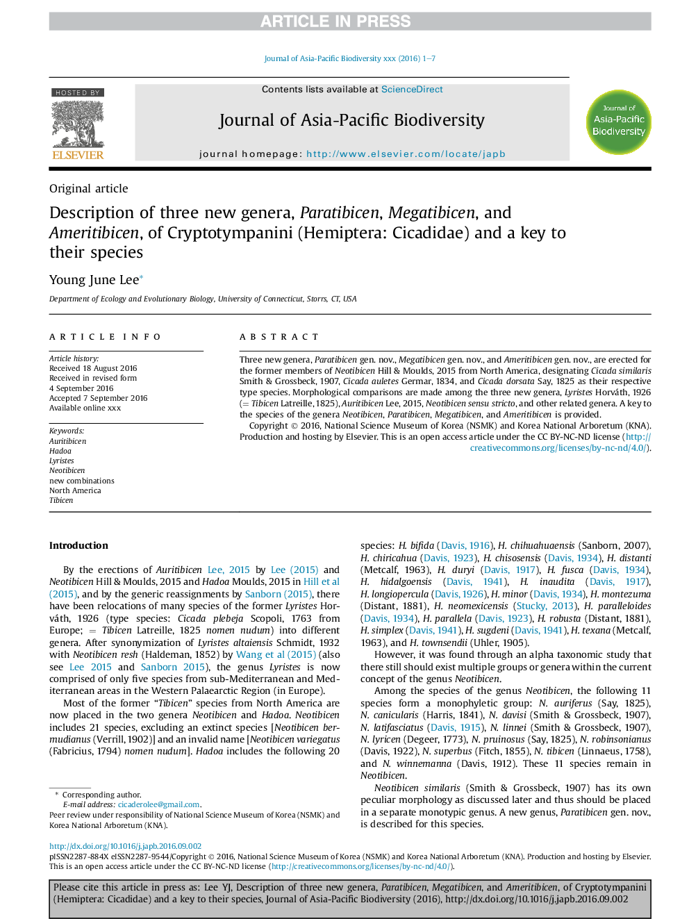 Description of three new genera, Paratibicen, Gigatibicen, and Ameritibicen, of Cryptotympanini (Hemiptera: Cicadidae) and a key to their species