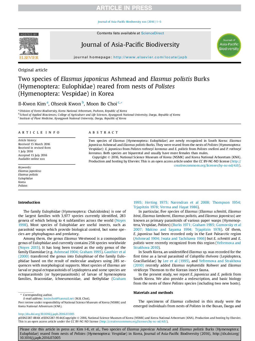 Two species of Elasmus japonicus Ashmead and Elasmus polistis Burks (Hymenoptera: Eulophidae) reared from nests of Polistes (Hymenoptera: Vespidae) in Korea