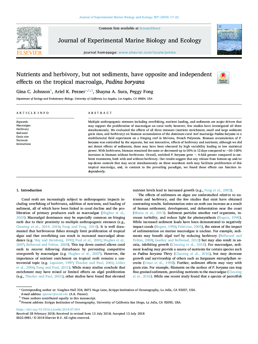 Nutrients and herbivory, but not sediments, have opposite and independent effects on the tropical macroalga, Padina boryana