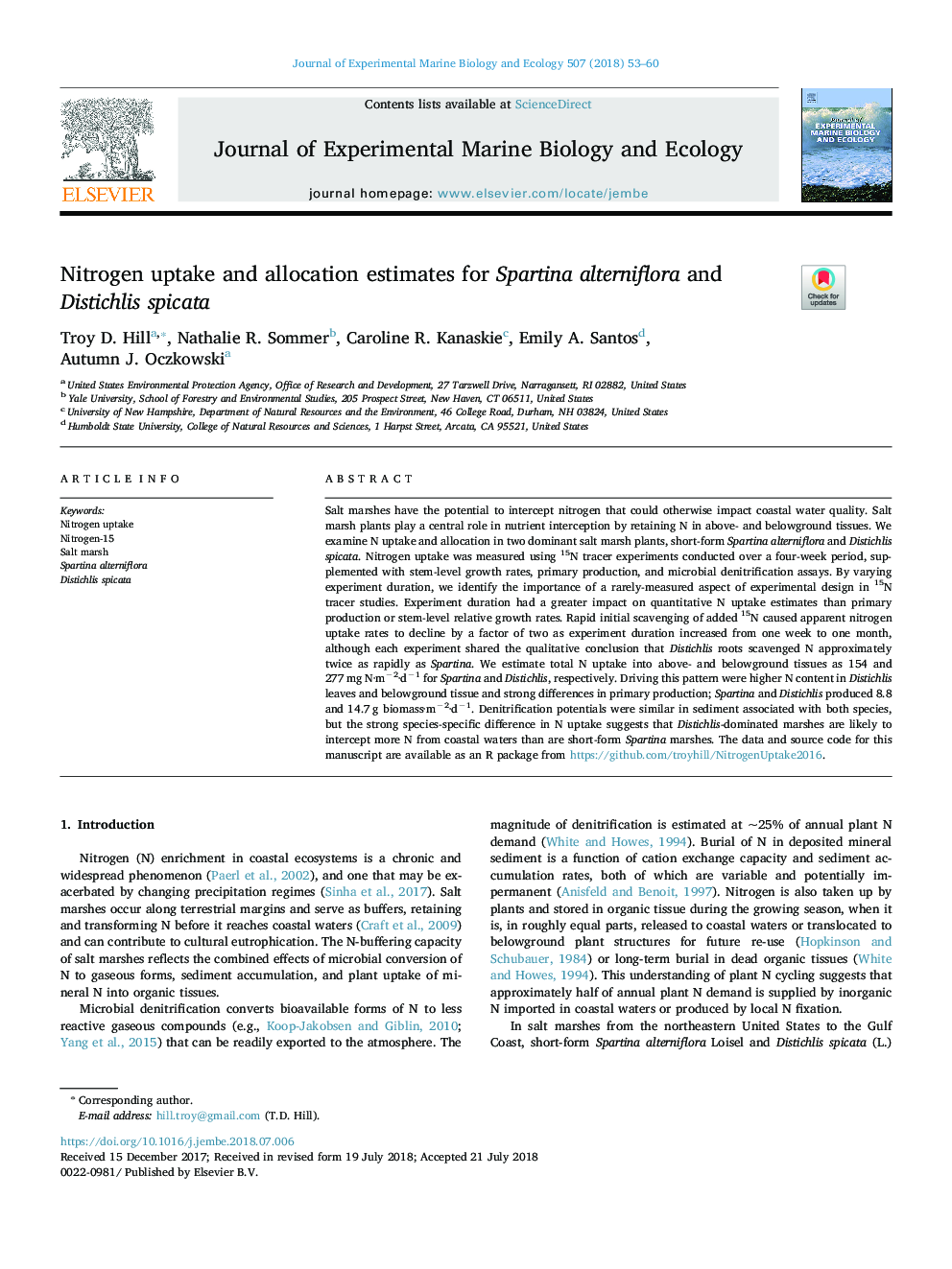 Nitrogen uptake and allocation estimates for Spartina alterniflora and Distichlis spicata
