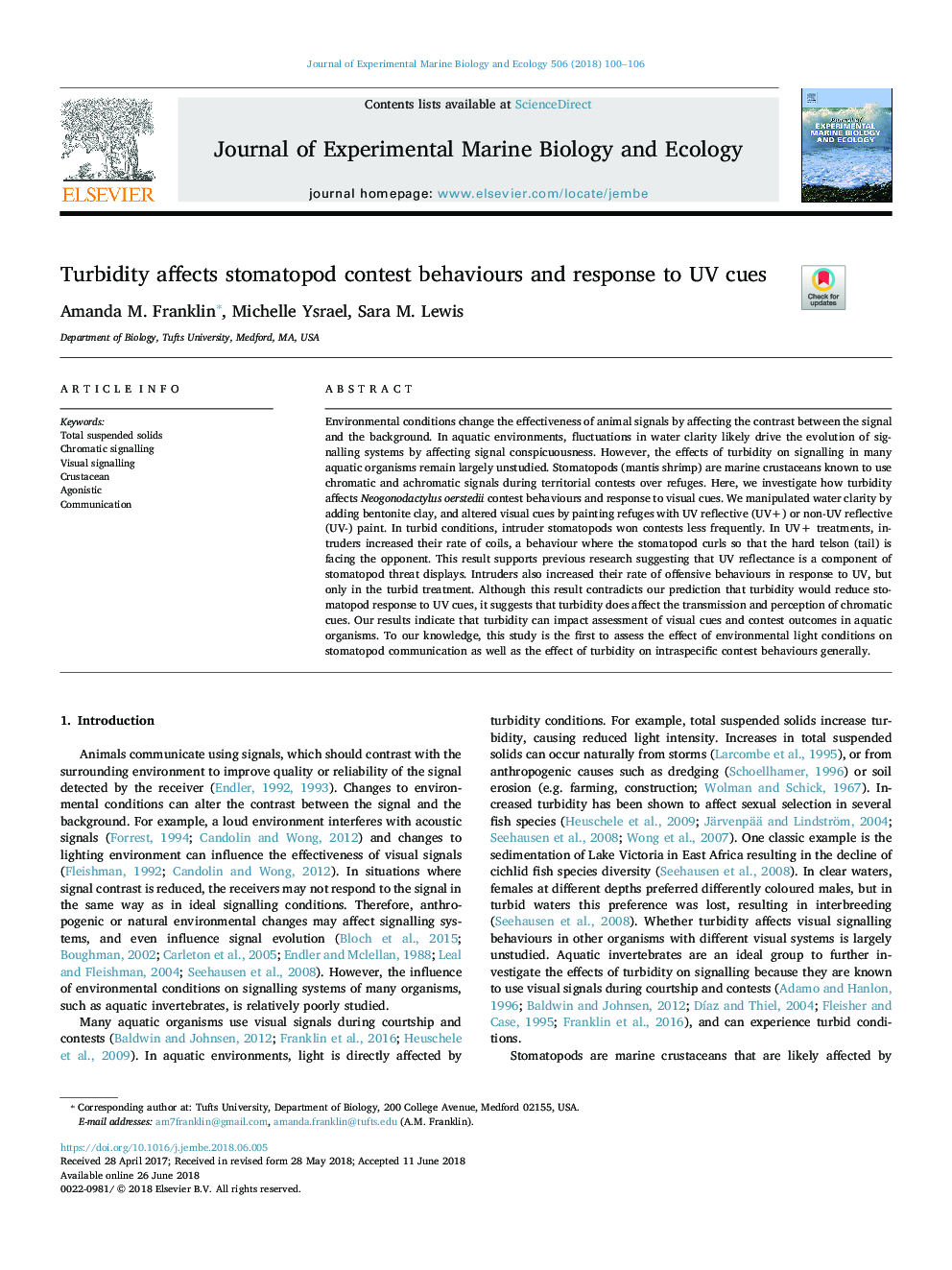 Turbidity affects stomatopod contest behaviours and response to UV cues