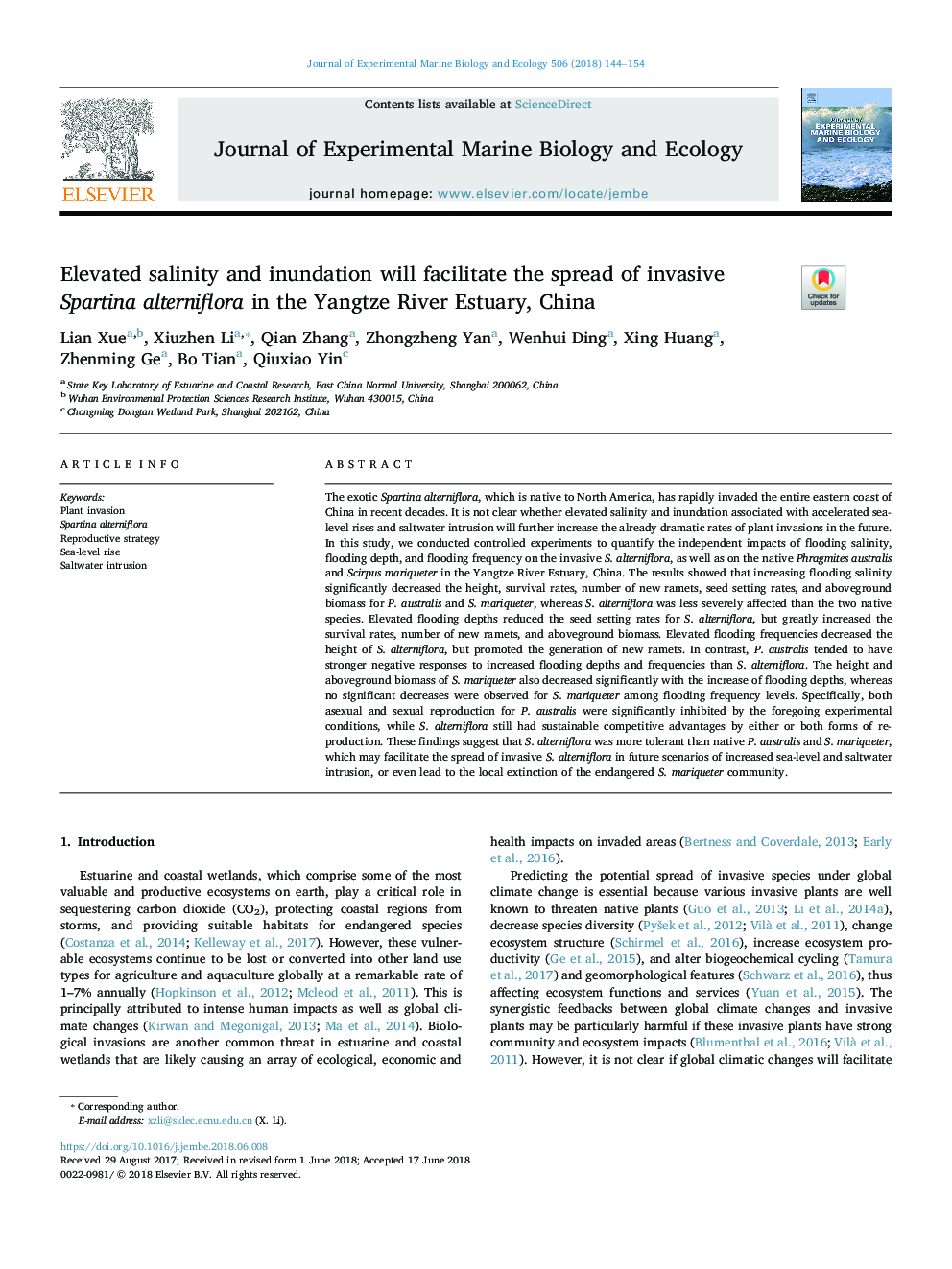 Elevated salinity and inundation will facilitate the spread of invasive Spartina alterniflora in the Yangtze River Estuary, China