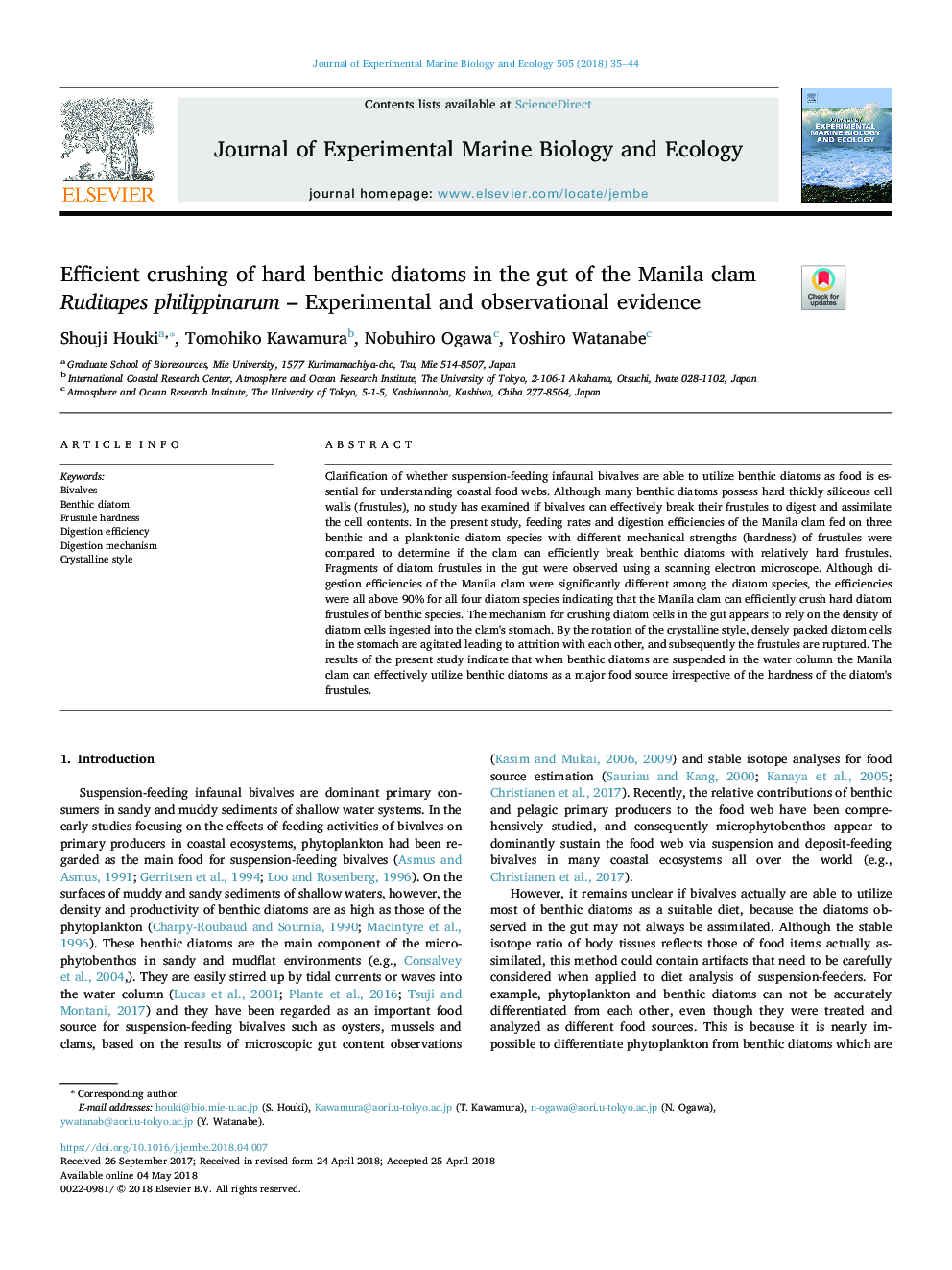 Efficient crushing of hard benthic diatoms in the gut of the Manila clam Ruditapes philippinarum - Experimental and observational evidence