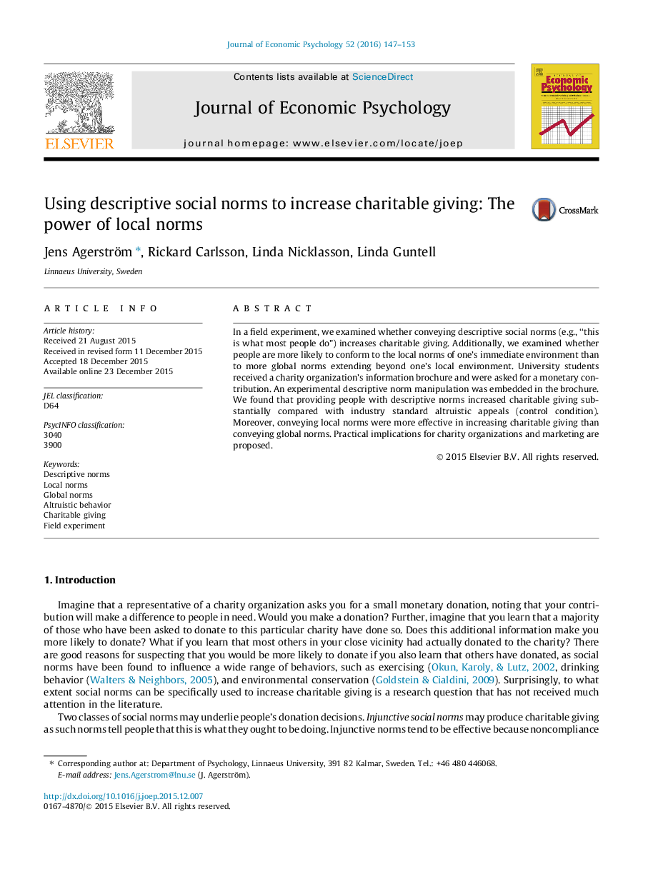 استفاده از هنجارهای توصیفی اجتماعی برای افزایش کمک های خیریه: قدرت هنجارهای محلی